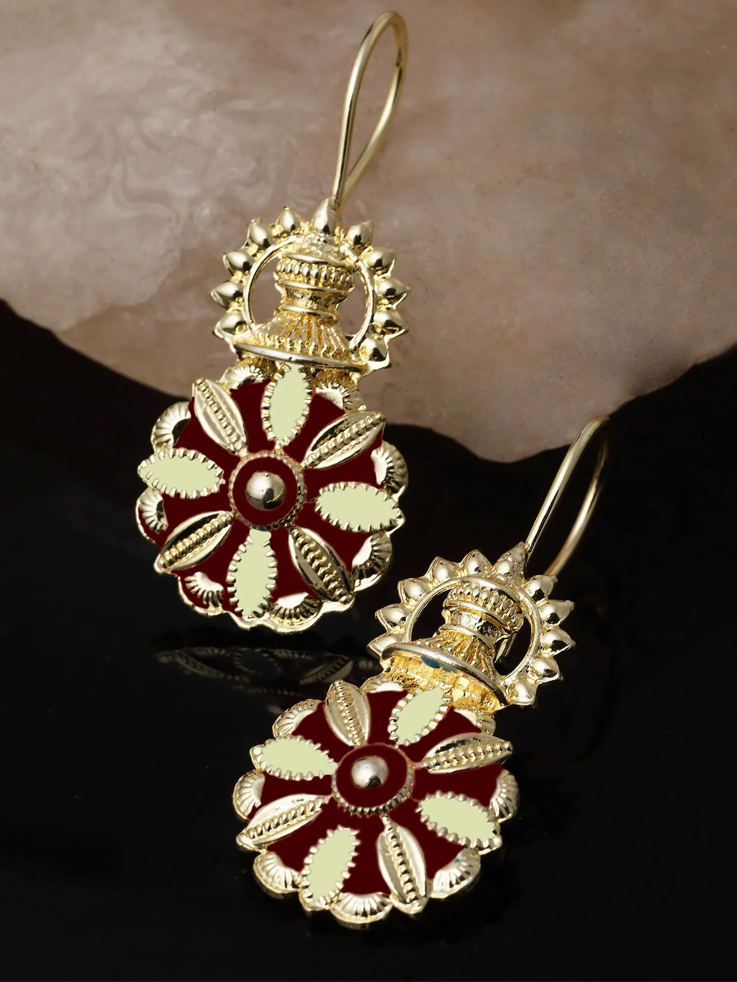 Karatcart Gold Plated Brown and Cream Meena Floral Drop Earring for Women