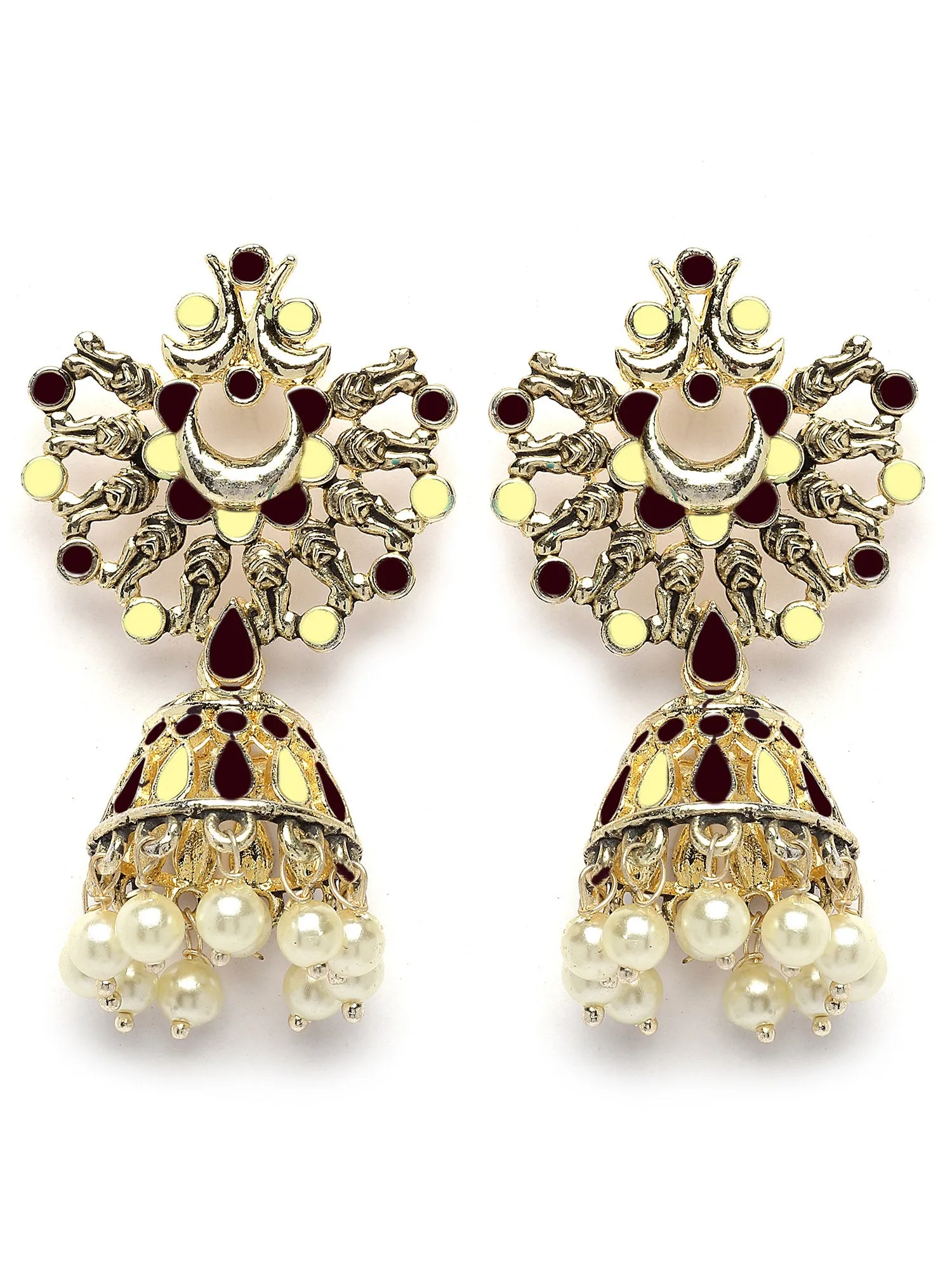 Karatcart Gold Plated Brown and Cream Meena Jhumki Earrings for Women
