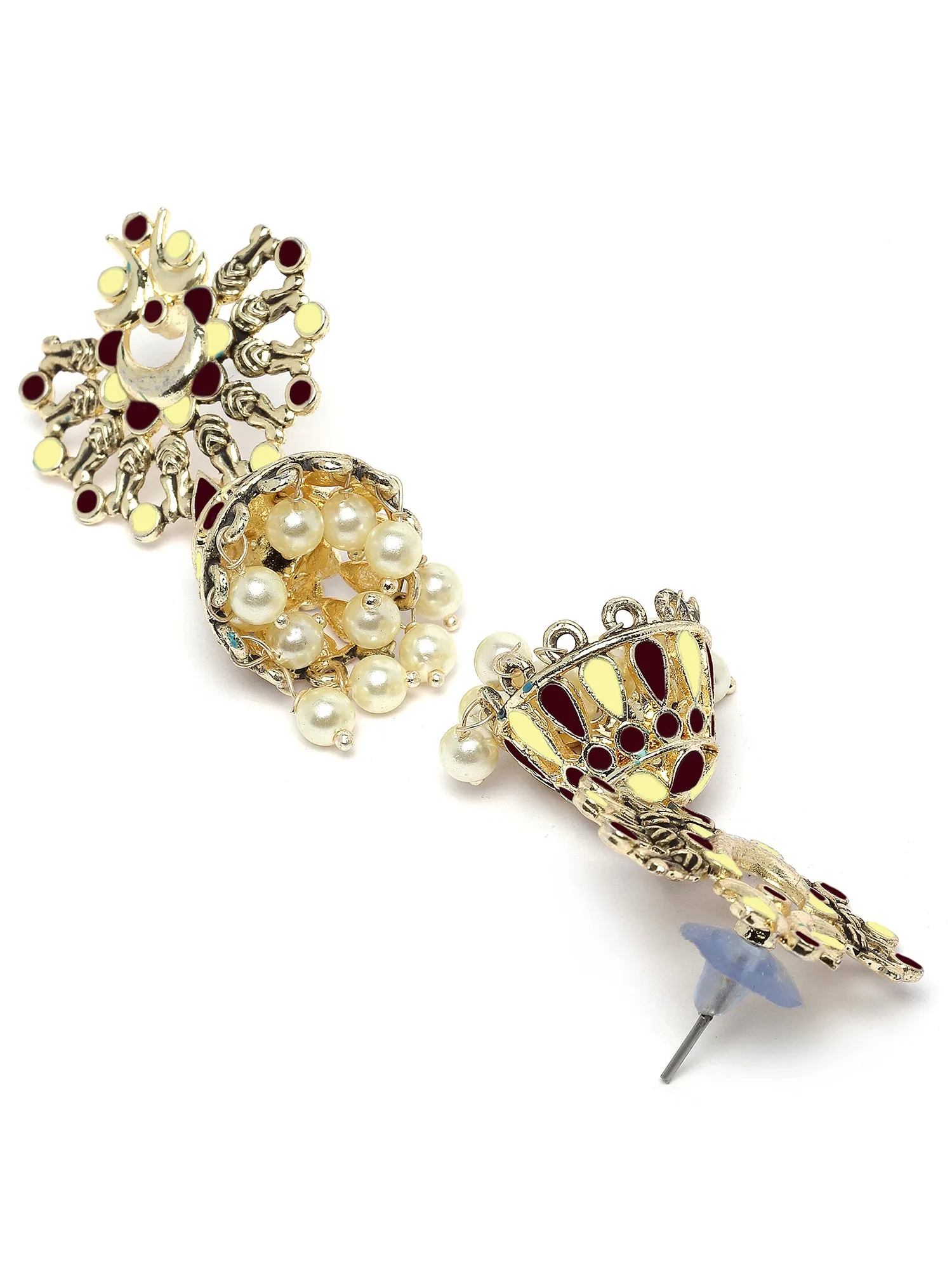 Karatcart Gold Plated Brown and Cream Meena Jhumki Earrings for Women