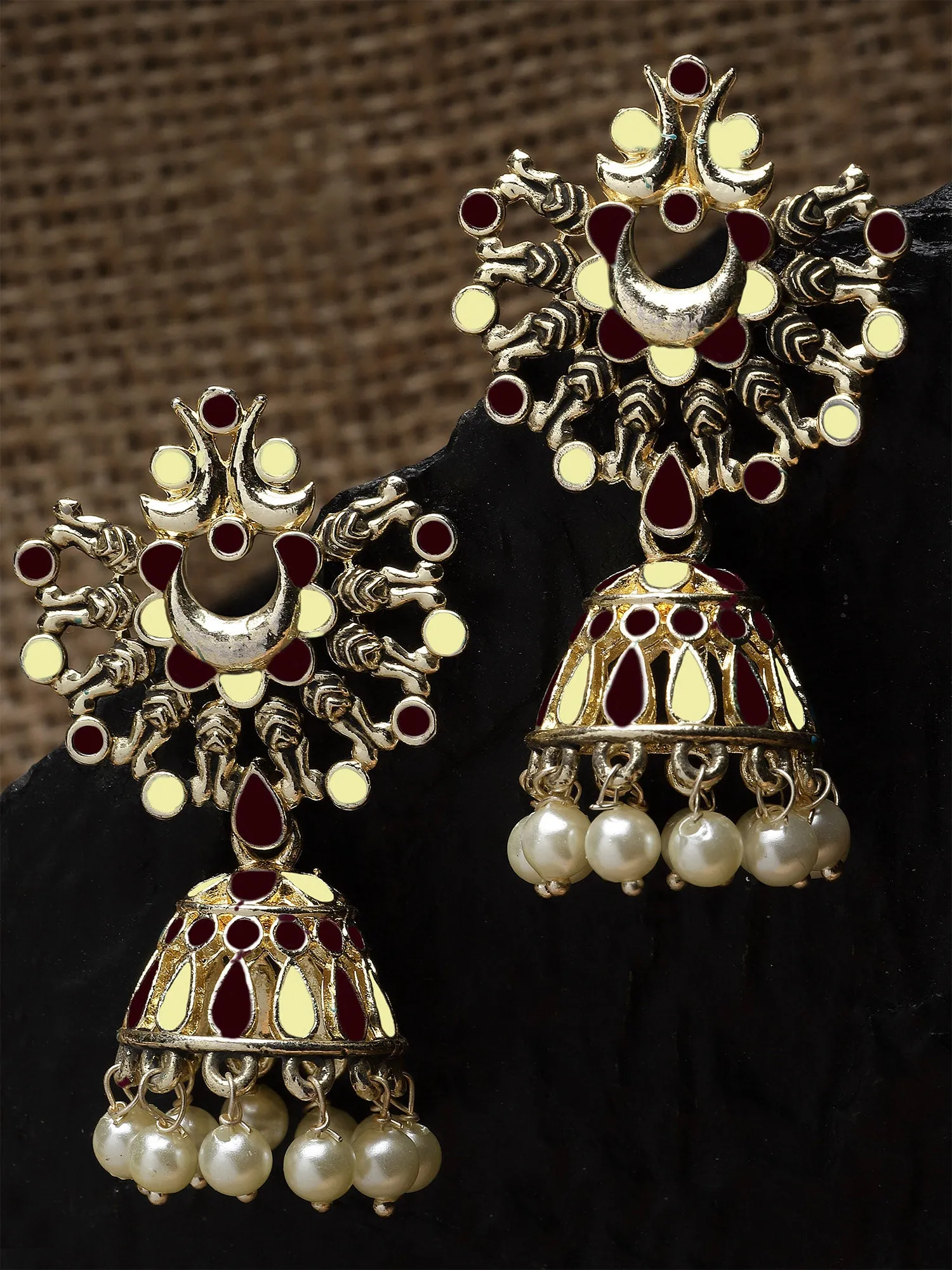 Karatcart Gold Plated Brown and Cream Meena Jhumki Earrings for Women