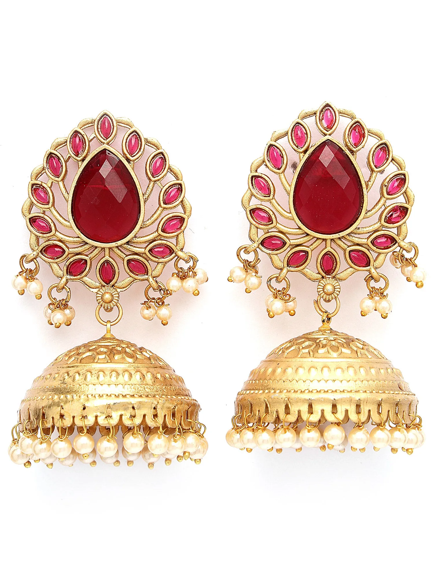 Karatcart Gold Plated Drop Shape Red Stone Studded Jhumki Earrings for Women