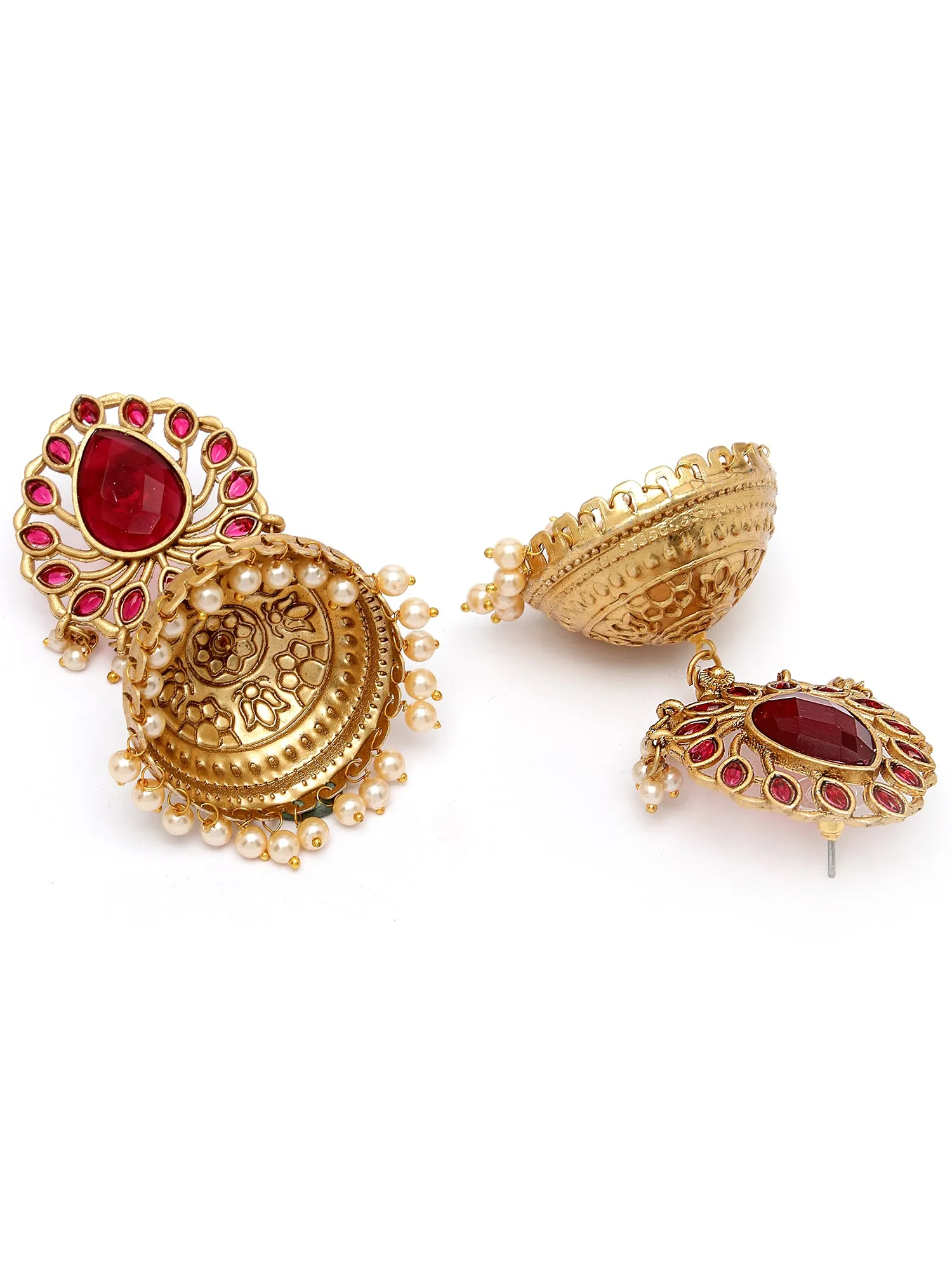Karatcart Gold Plated Drop Shape Red Stone Studded Jhumki Earrings for Women