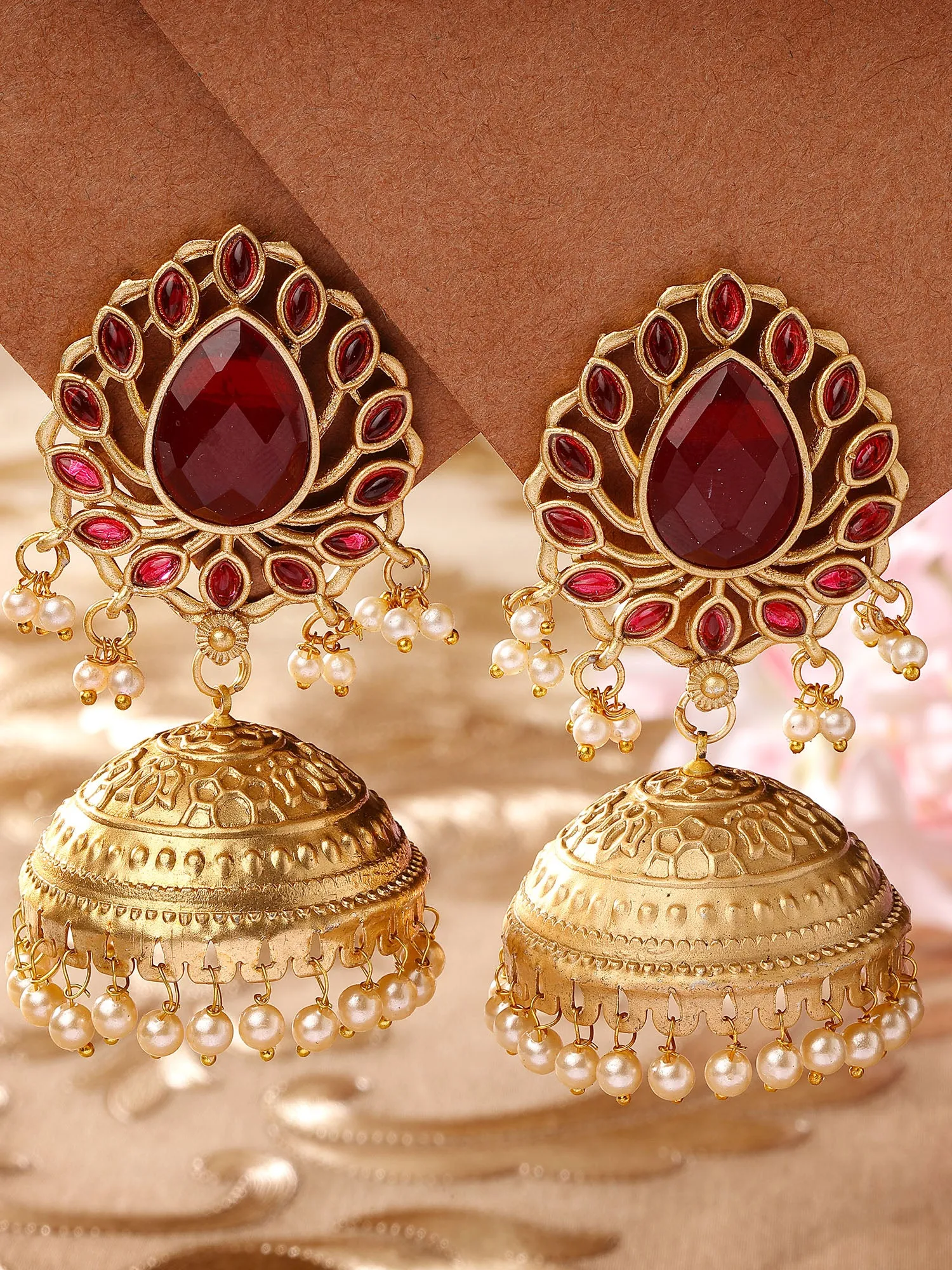 Karatcart Gold Plated Drop Shape Red Stone Studded Jhumki Earrings for Women