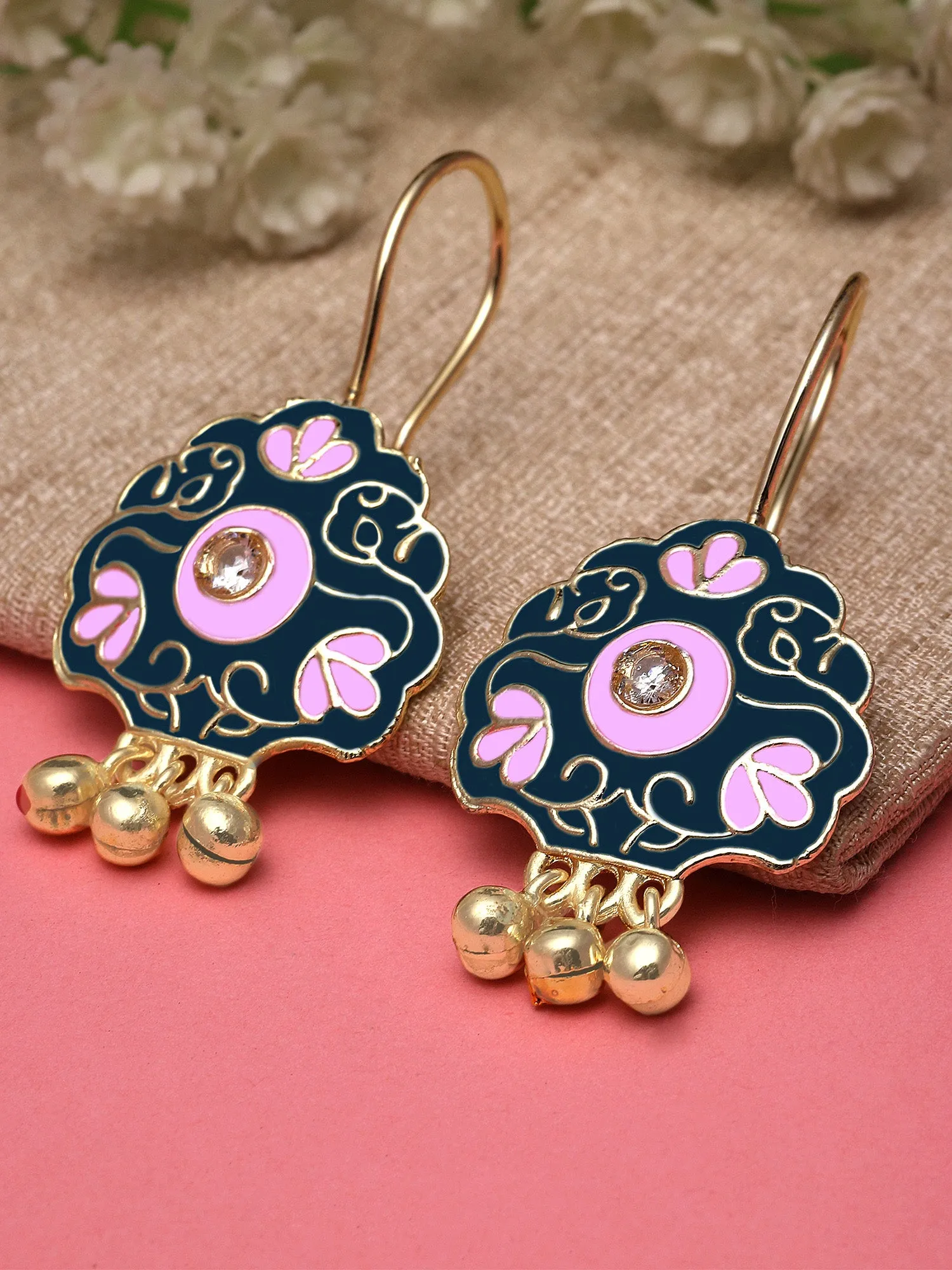 Karatcart Gold Plated Floral Design Blue and Pink Meena Drop Earrings for Women
