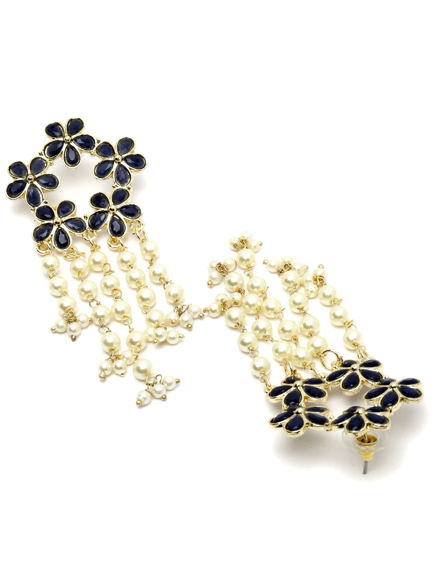 Karatcart Gold Plated Floral Design Blue Kundan Pearl Tassel Earrings for Women