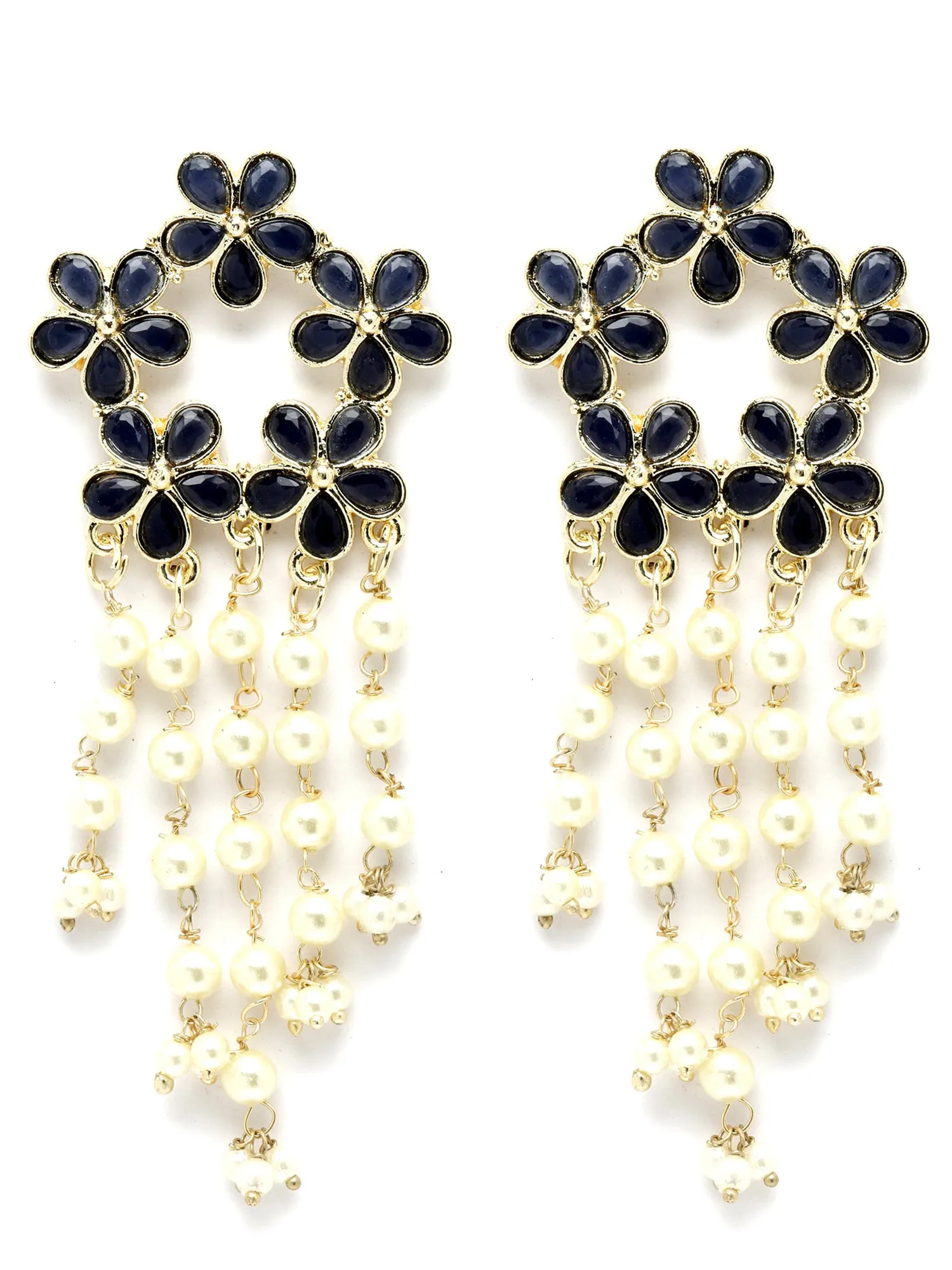 Karatcart Gold Plated Floral Design Blue Kundan Pearl Tassel Earrings for Women