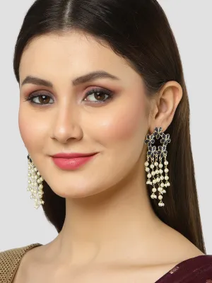 Karatcart Gold Plated Floral Design Blue Kundan Pearl Tassel Earrings for Women