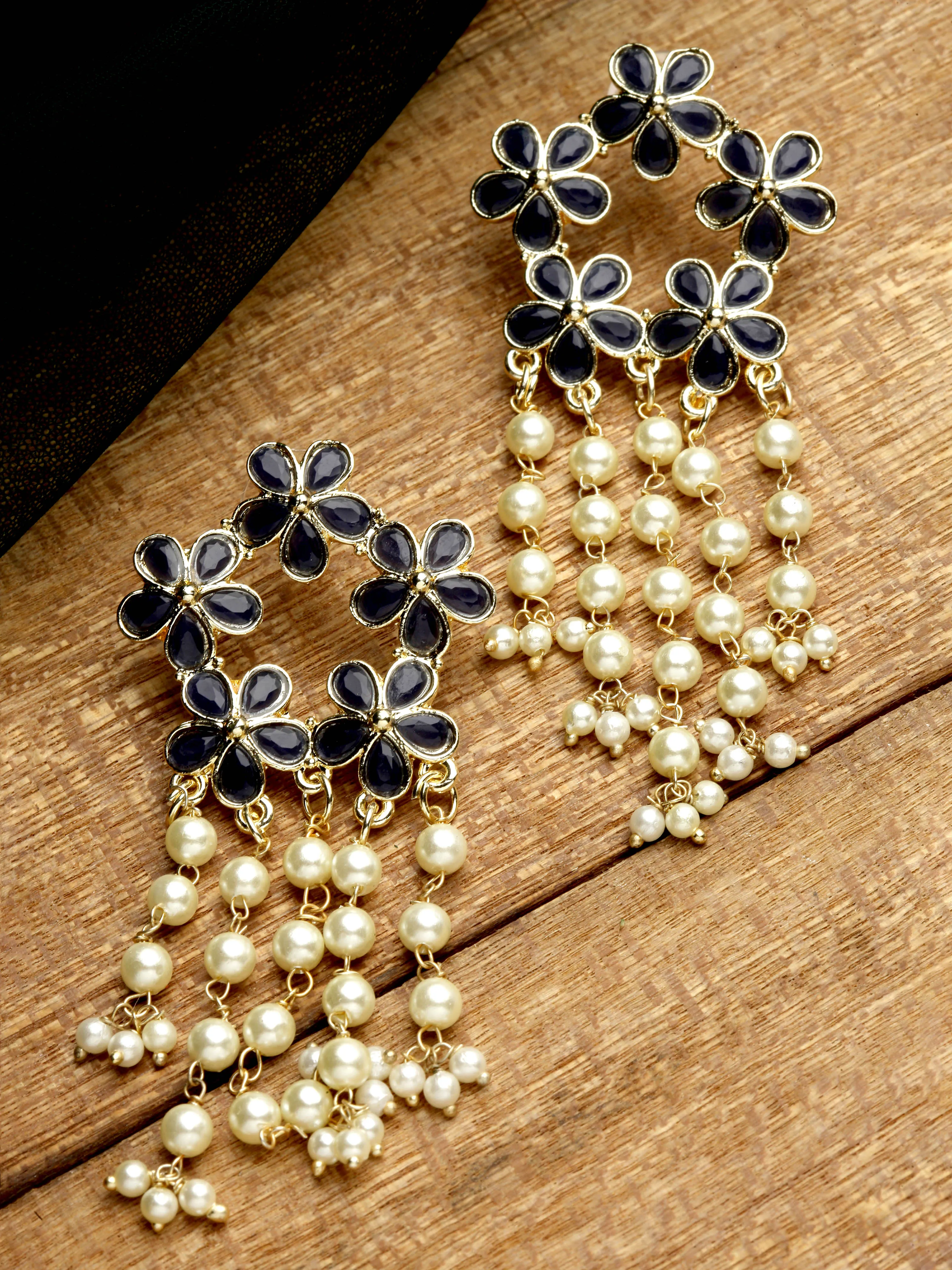 Karatcart Gold Plated Floral Design Blue Kundan Pearl Tassel Earrings for Women