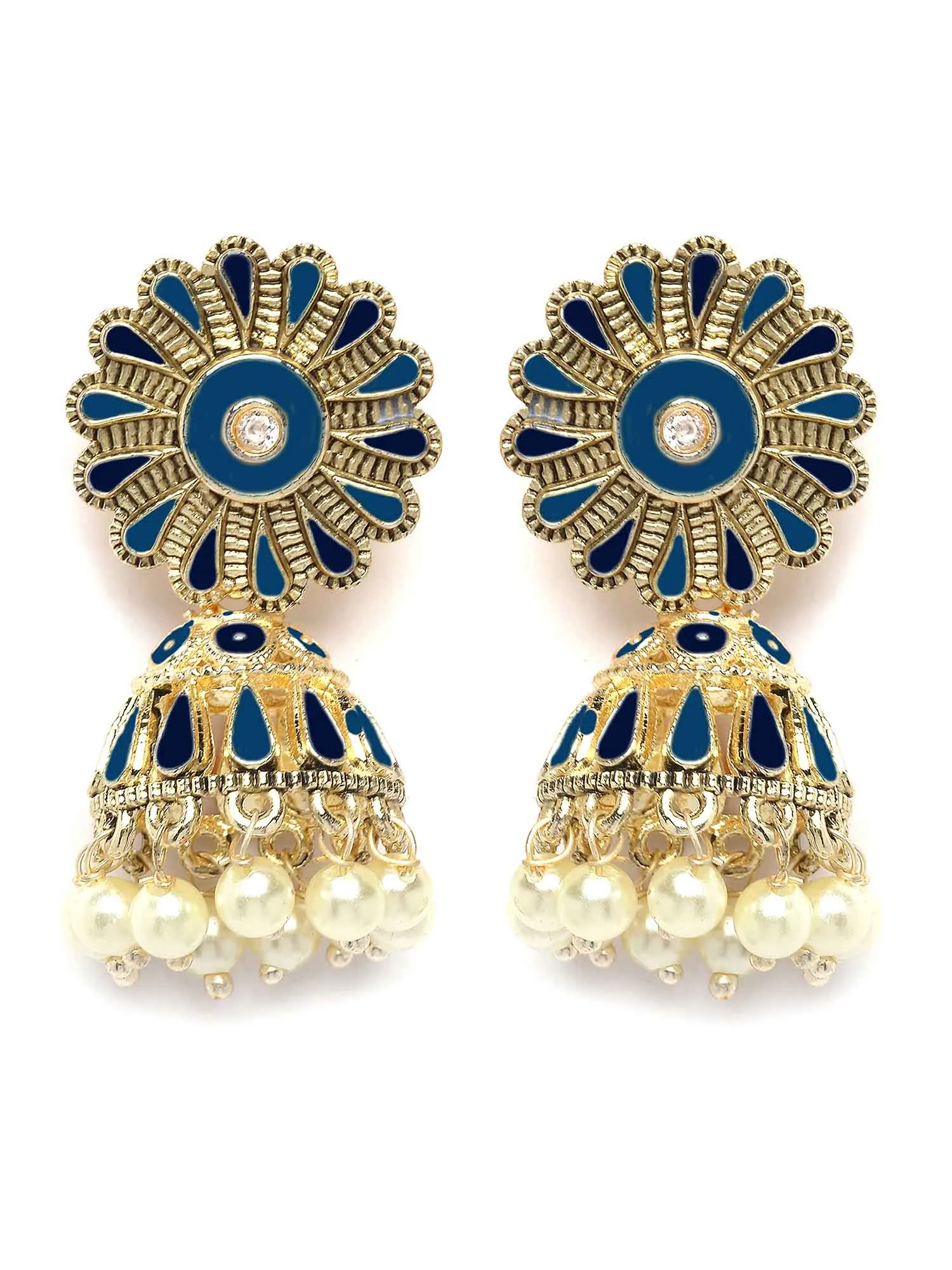 Karatcart Gold Plated Floral Design Blue Meena Jhumki Earrings for Women