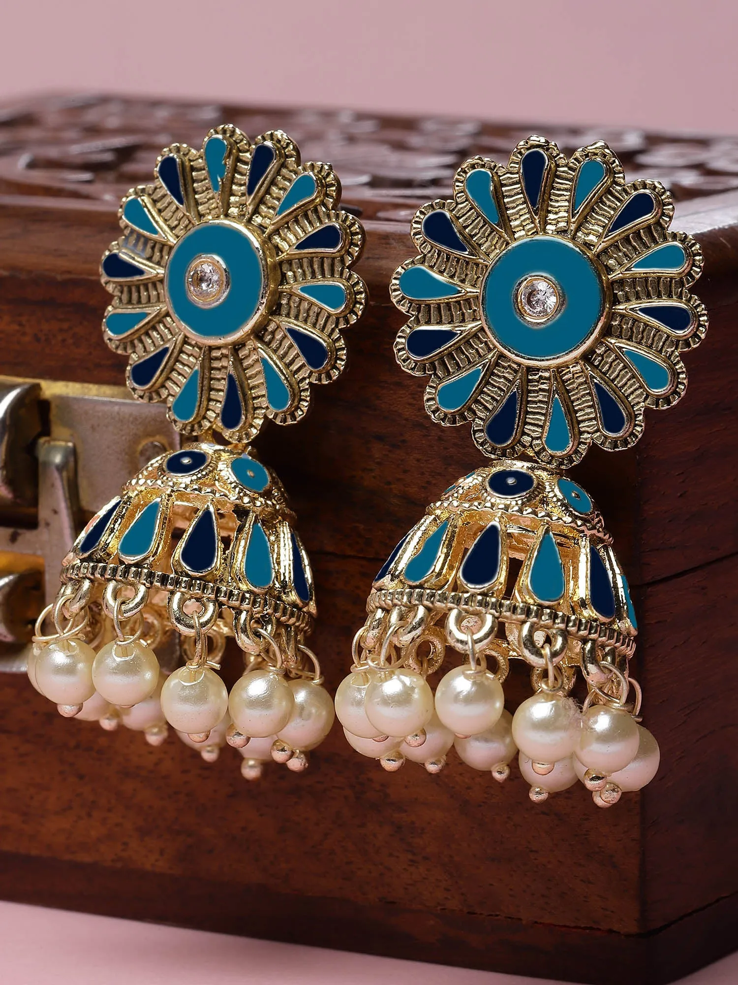 Karatcart Gold Plated Floral Design Blue Meena Jhumki Earrings for Women