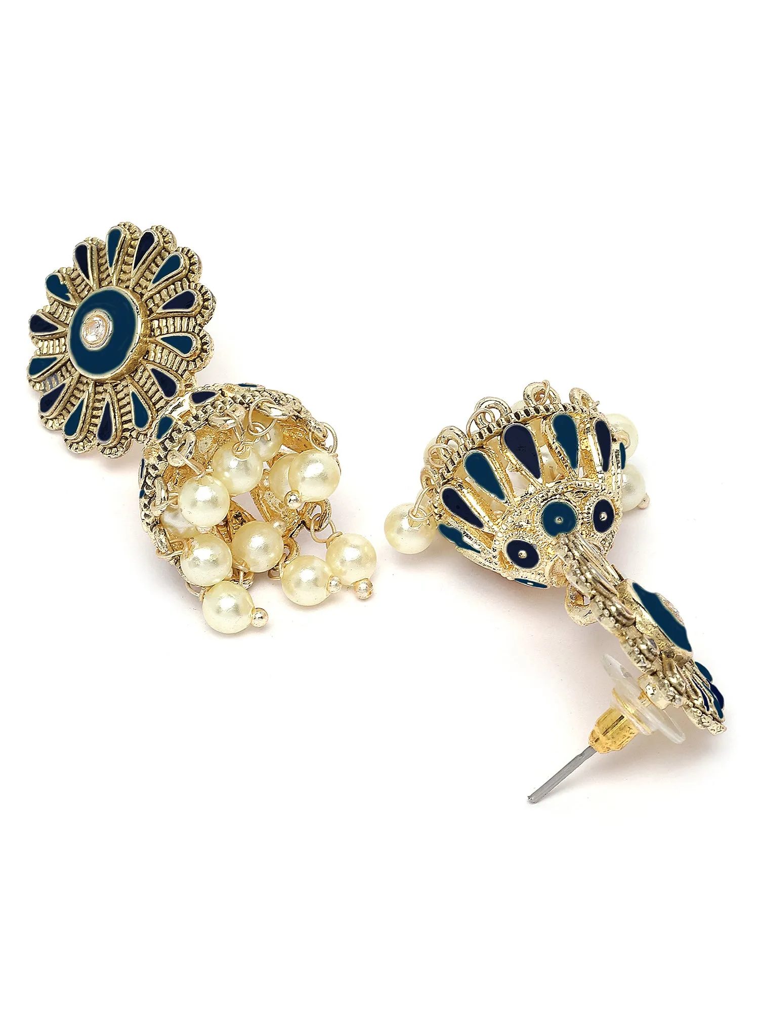 Karatcart Gold Plated Floral Design Blue Meena Jhumki Earrings for Women