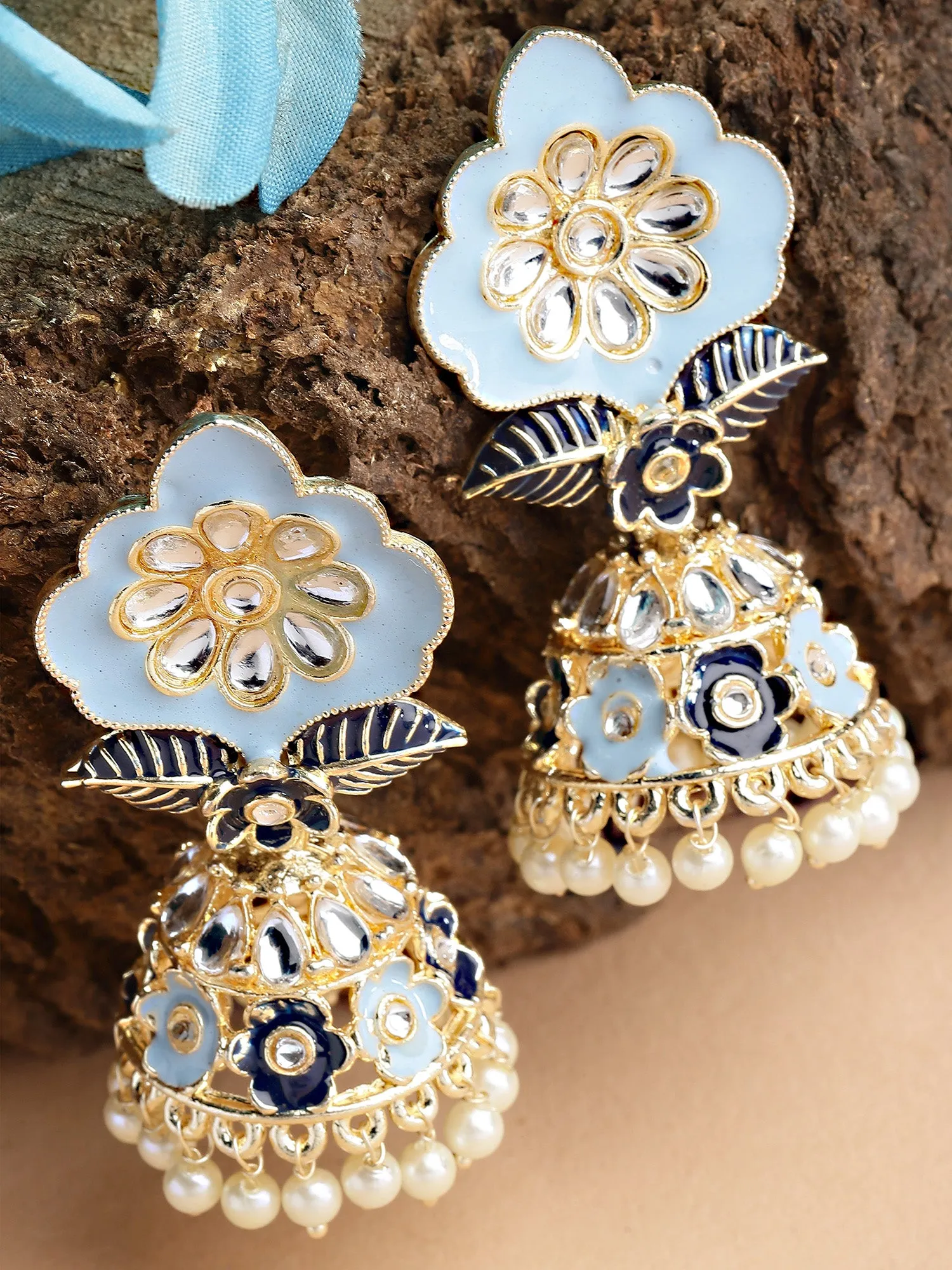 Karatcart Gold Plated Floral Design Blue Meena Jhumki Earrings for Women