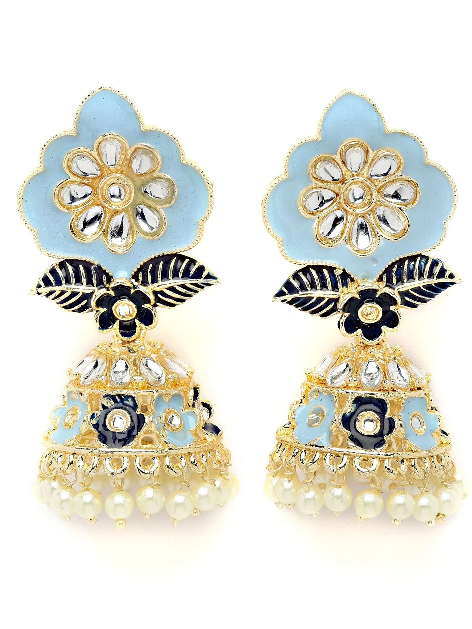 Karatcart Gold Plated Floral Design Blue Meena Jhumki Earrings for Women