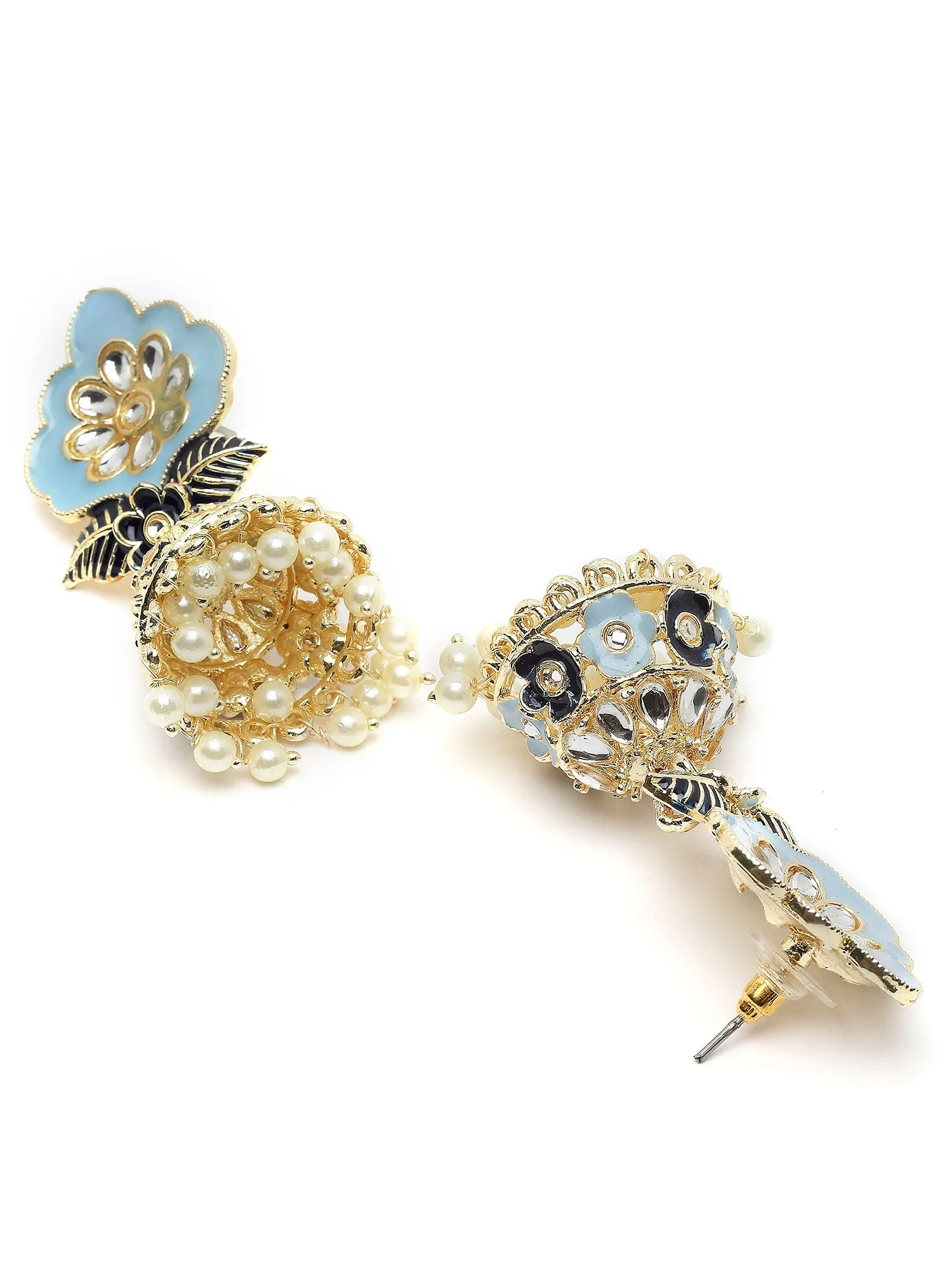 Karatcart Gold Plated Floral Design Blue Meena Jhumki Earrings for Women
