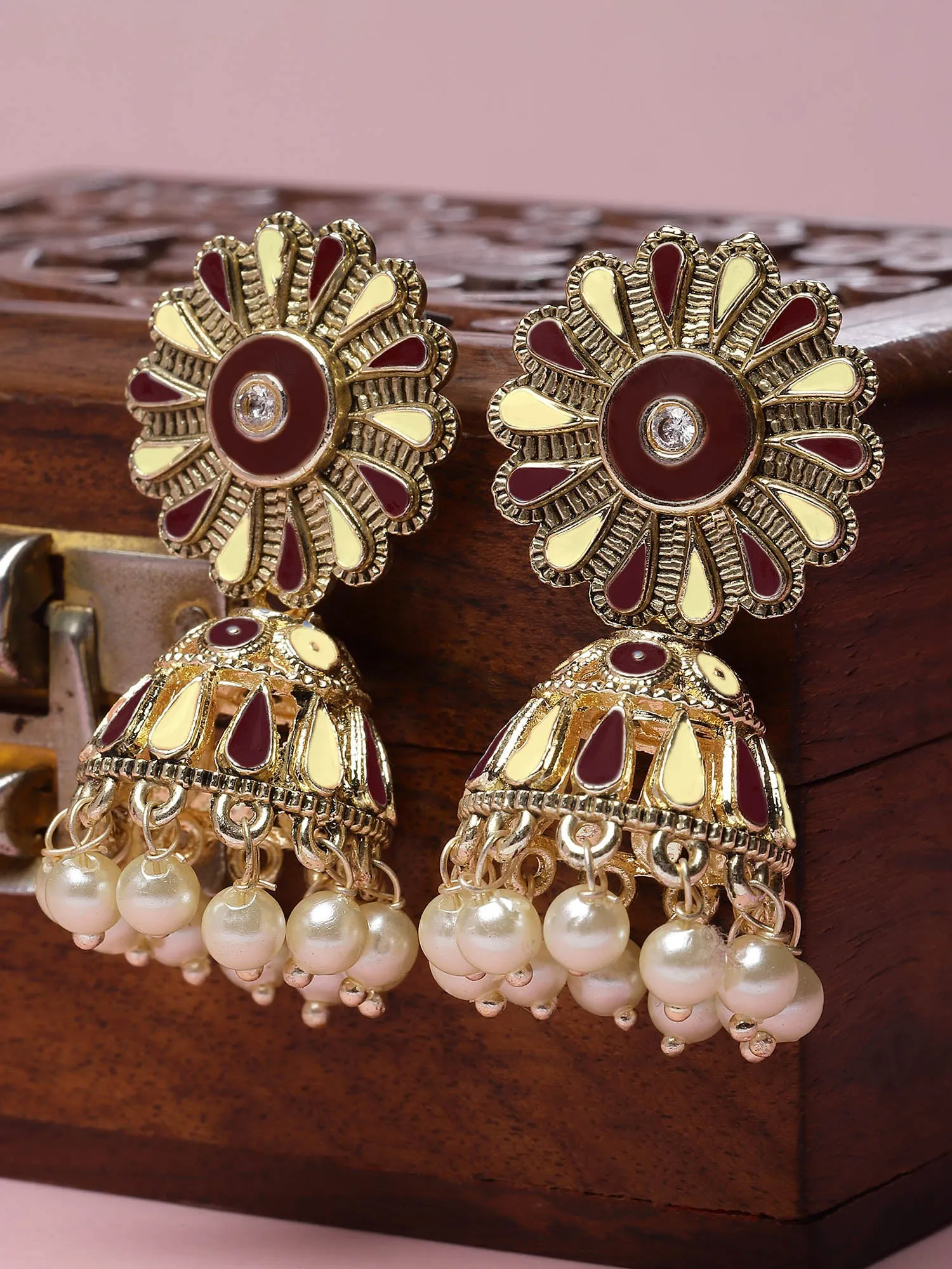 Karatcart Gold Plated Floral Design Brown and Cream Meena Jhumki Earrings for Women