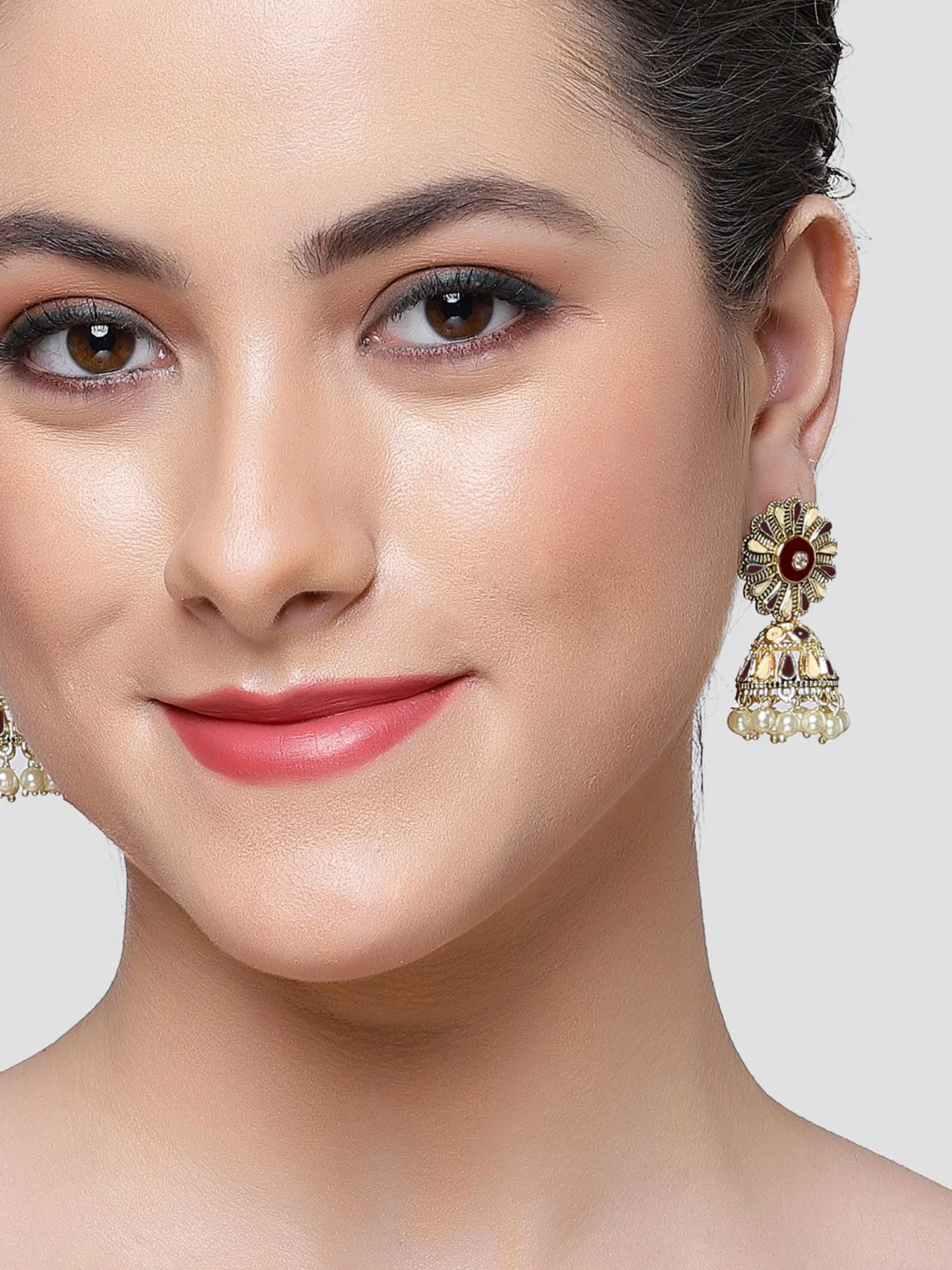 Karatcart Gold Plated Floral Design Brown and Cream Meena Jhumki Earrings for Women