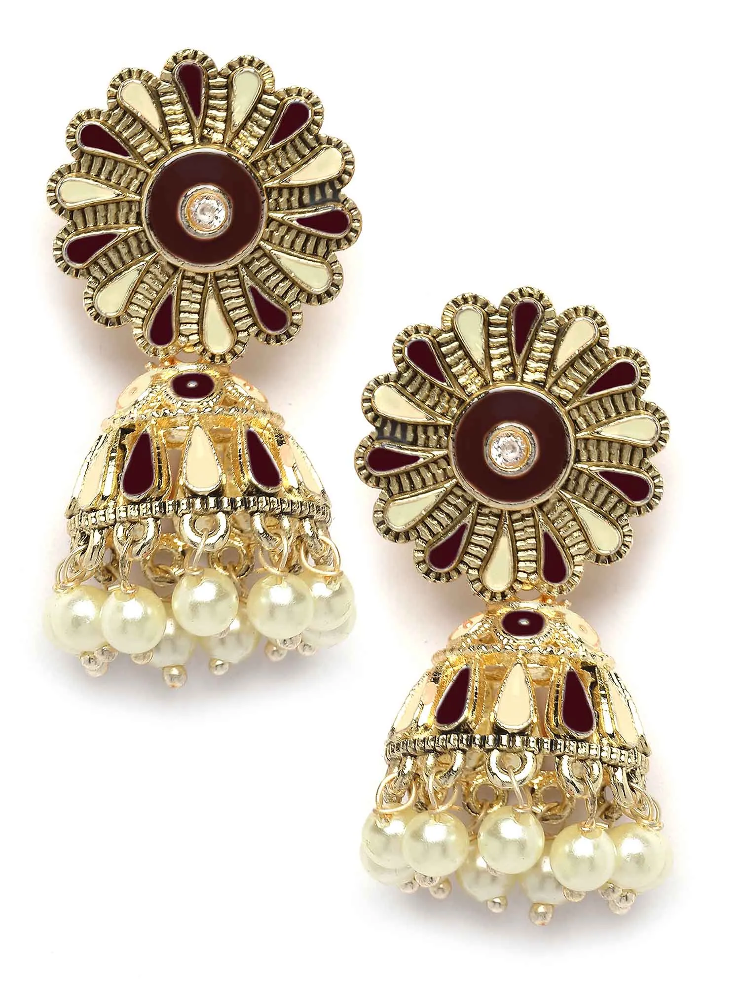 Karatcart Gold Plated Floral Design Brown and Cream Meena Jhumki Earrings for Women