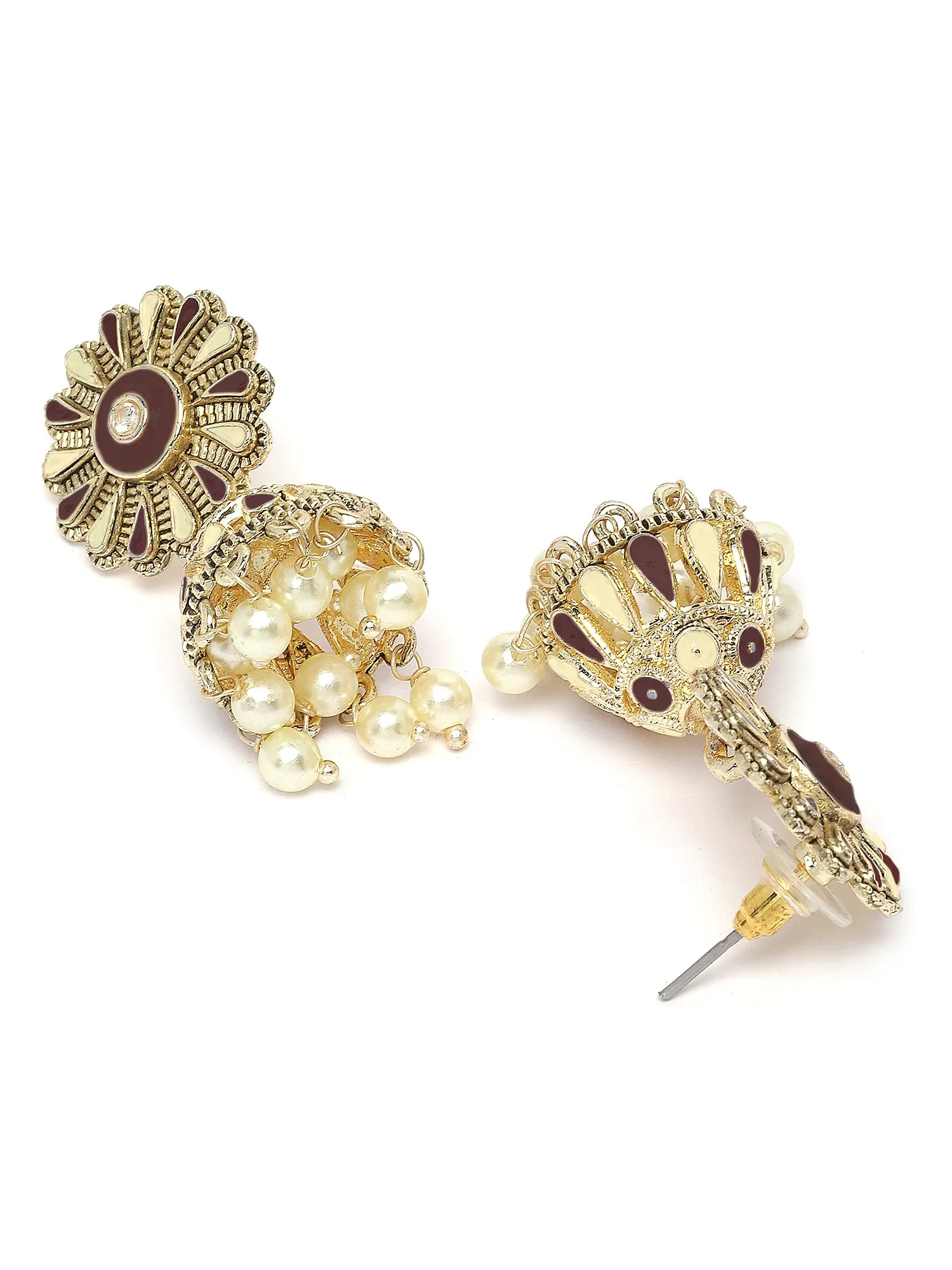 Karatcart Gold Plated Floral Design Brown and Cream Meena Jhumki Earrings for Women