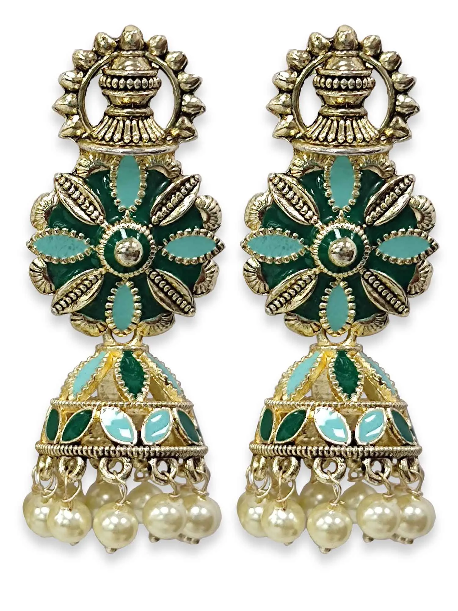 Karatcart Gold Plated Floral Design Green and Light Blue Meena Jhumki Earrings for Women
