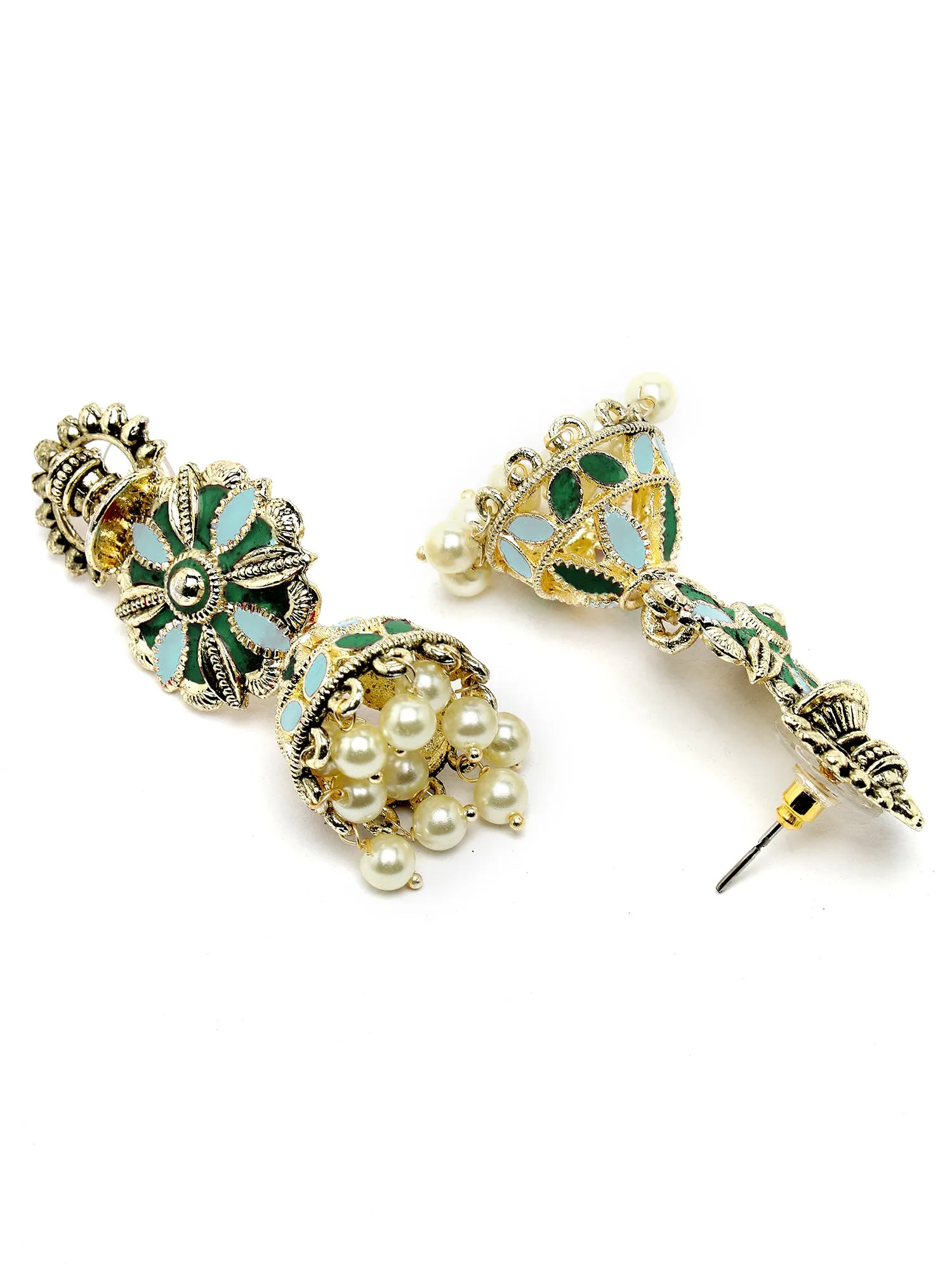 Karatcart Gold Plated Floral Design Green and Light Blue Meena Jhumki Earrings for Women