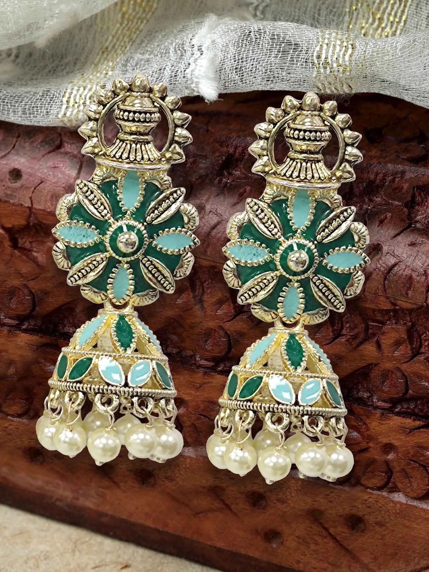 Karatcart Gold Plated Floral Design Green and Light Blue Meena Jhumki Earrings for Women