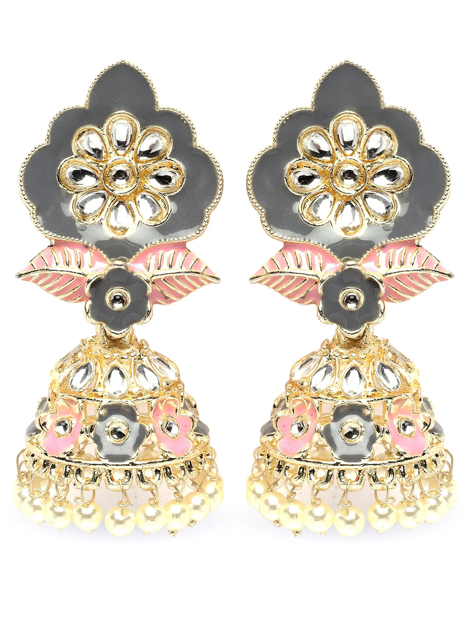 Karatcart Gold Plated Floral Design Grey and Pink Meena Kundan Jhumki Earrings for Women