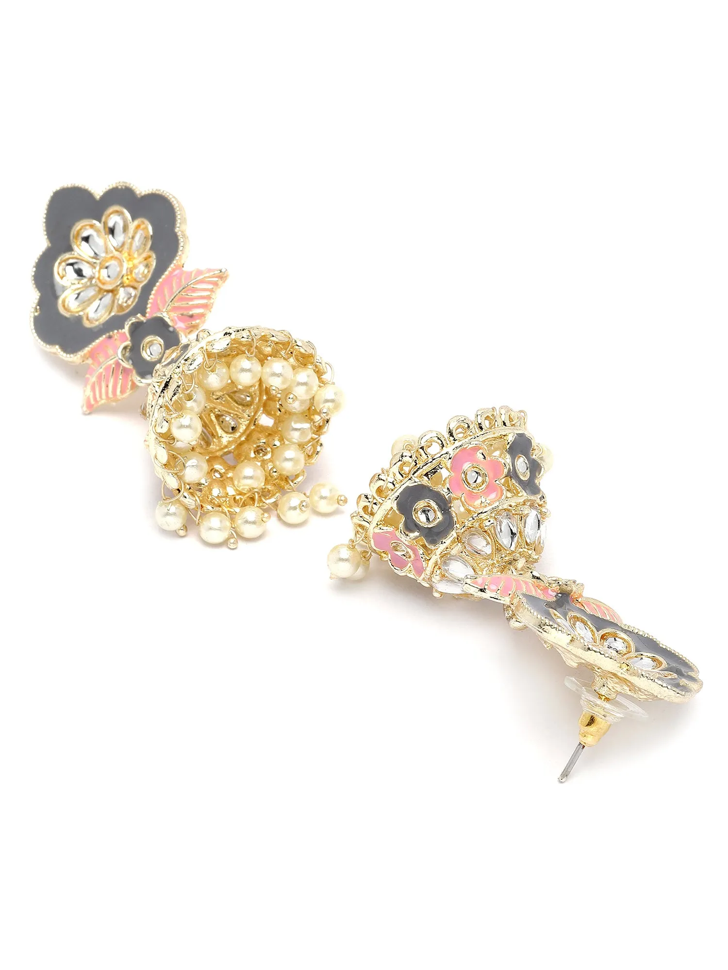 Karatcart Gold Plated Floral Design Grey and Pink Meena Kundan Jhumki Earrings for Women
