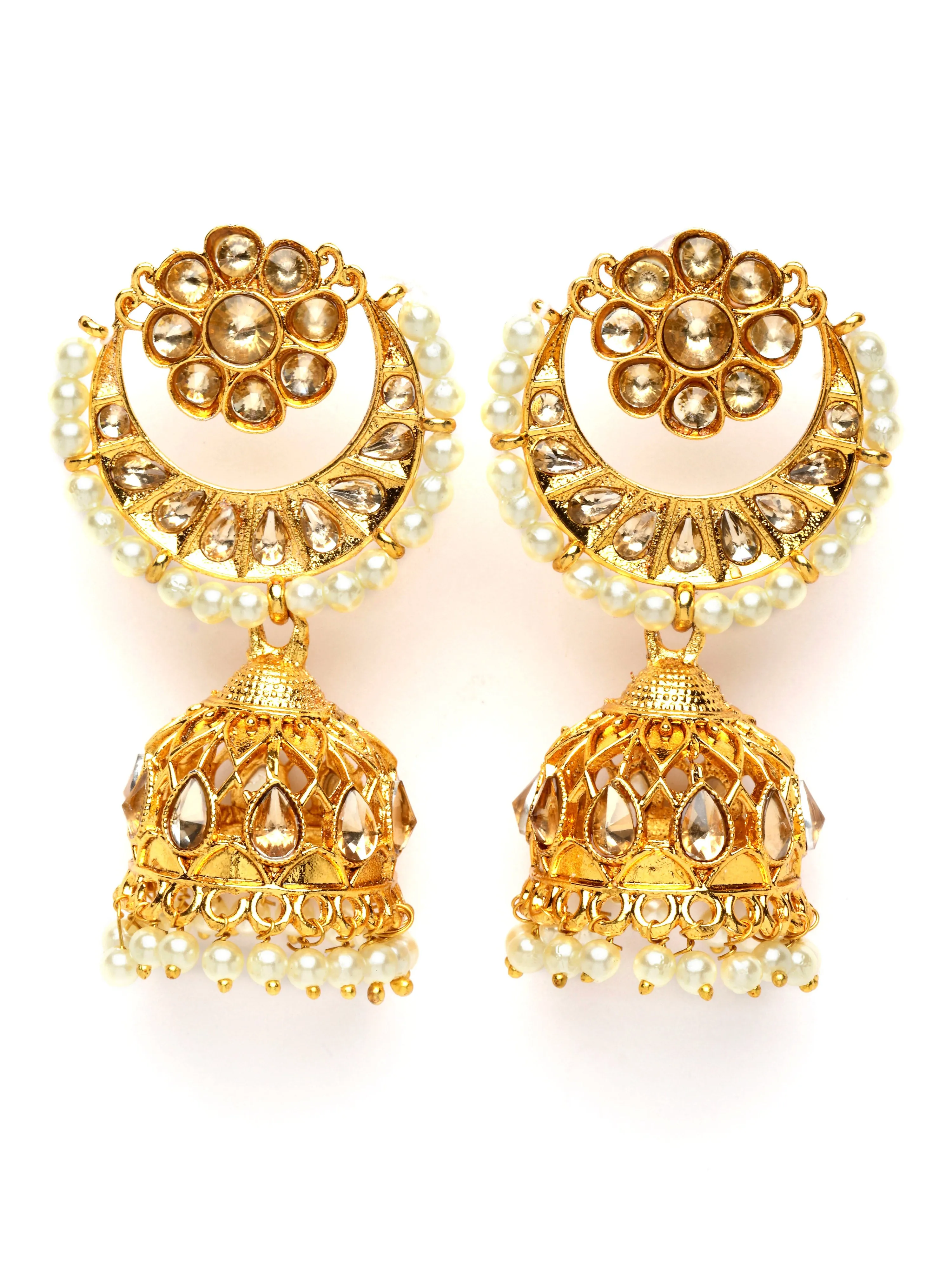 Karatcart Gold Plated Floral Design Kundan Studded Jhumki Earrings for Women