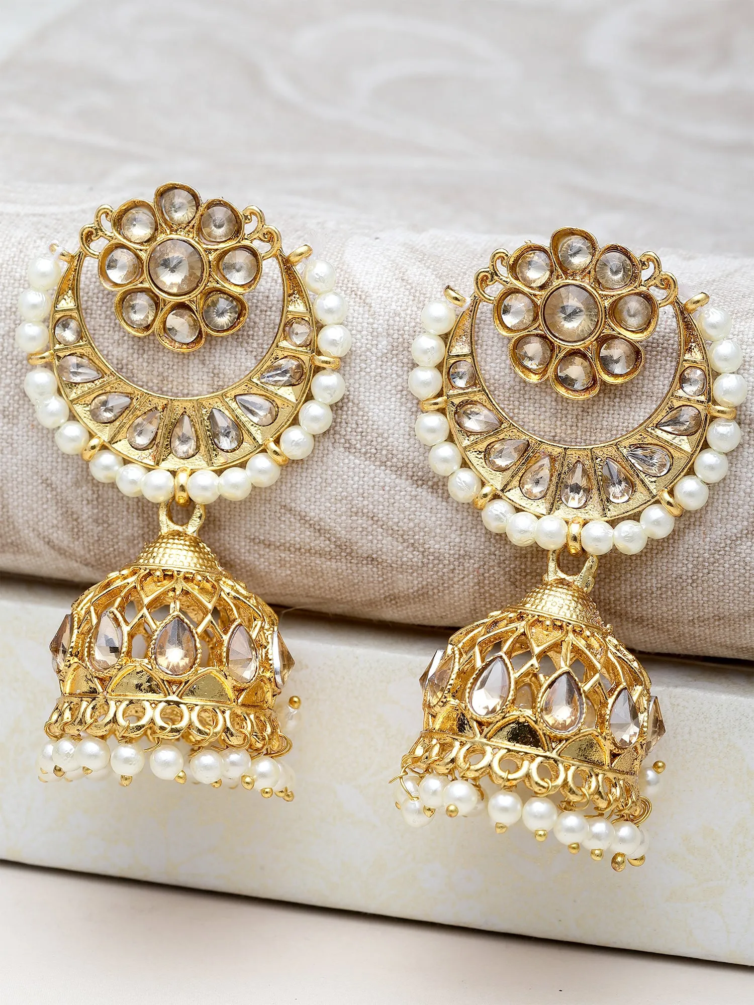 Karatcart Gold Plated Floral Design Kundan Studded Jhumki Earrings for Women