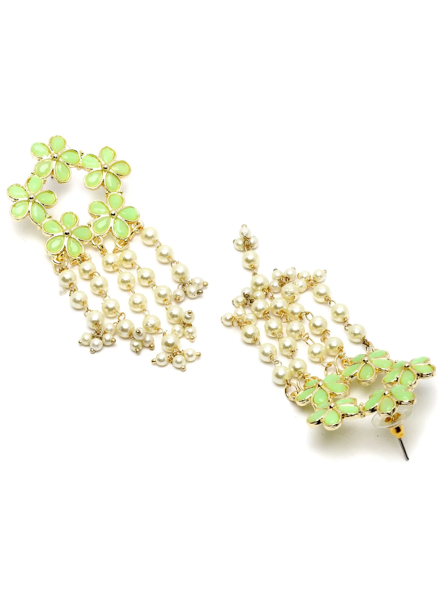 Karatcart Gold Plated Floral Design Light Green Kundan Pearl Tassel Earrings for Women