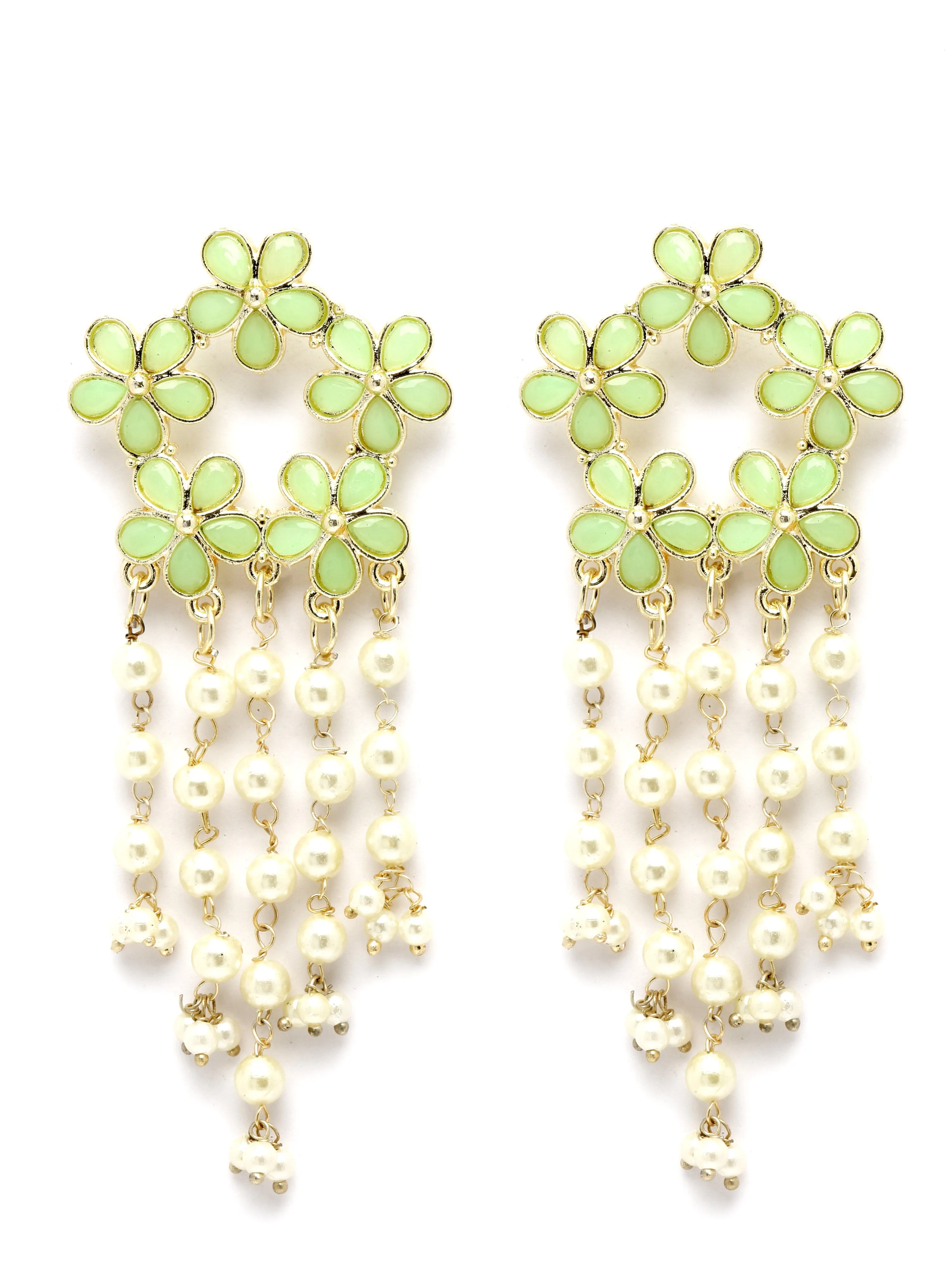 Karatcart Gold Plated Floral Design Light Green Kundan Pearl Tassel Earrings for Women
