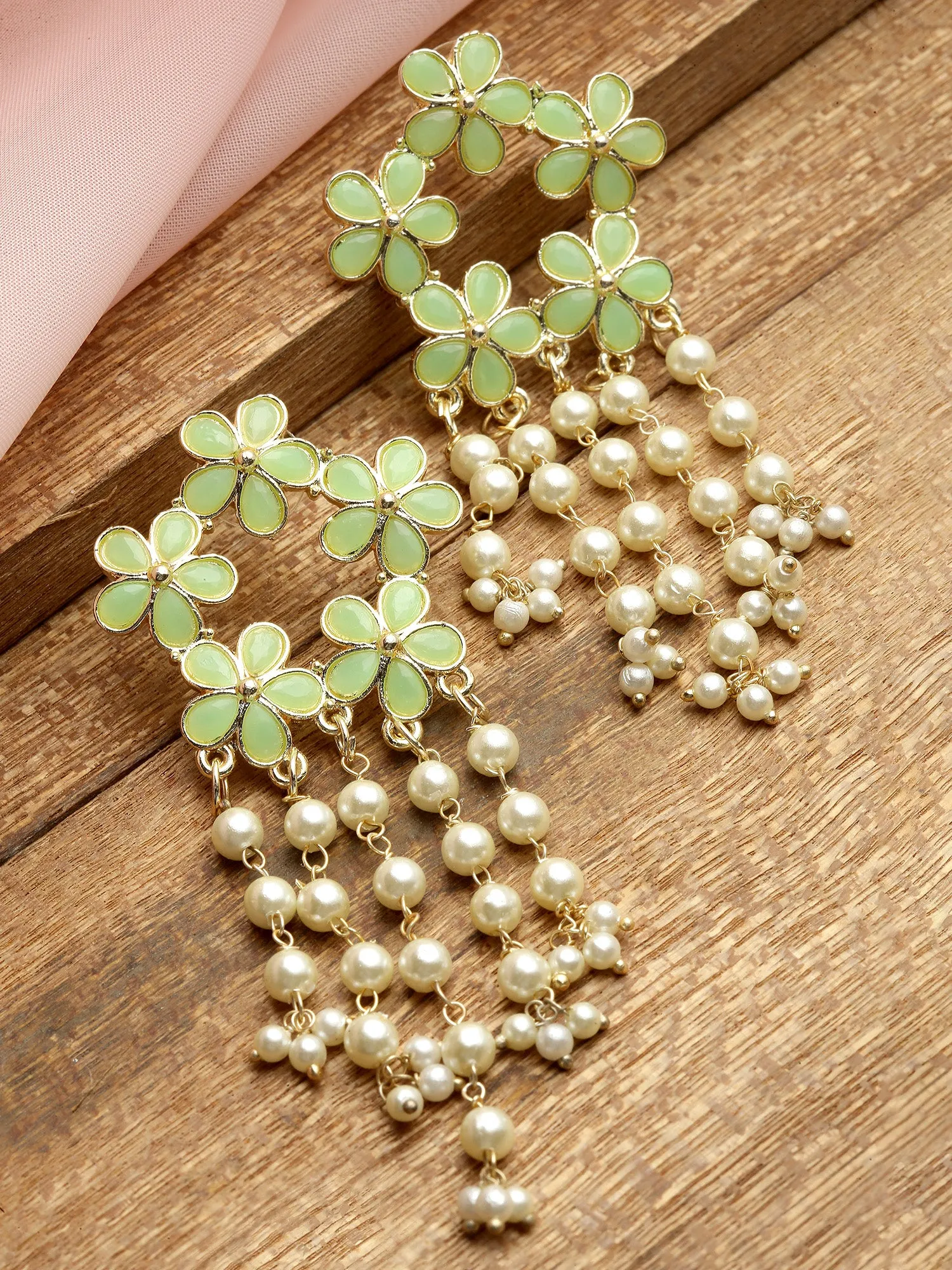 Karatcart Gold Plated Floral Design Light Green Kundan Pearl Tassel Earrings for Women