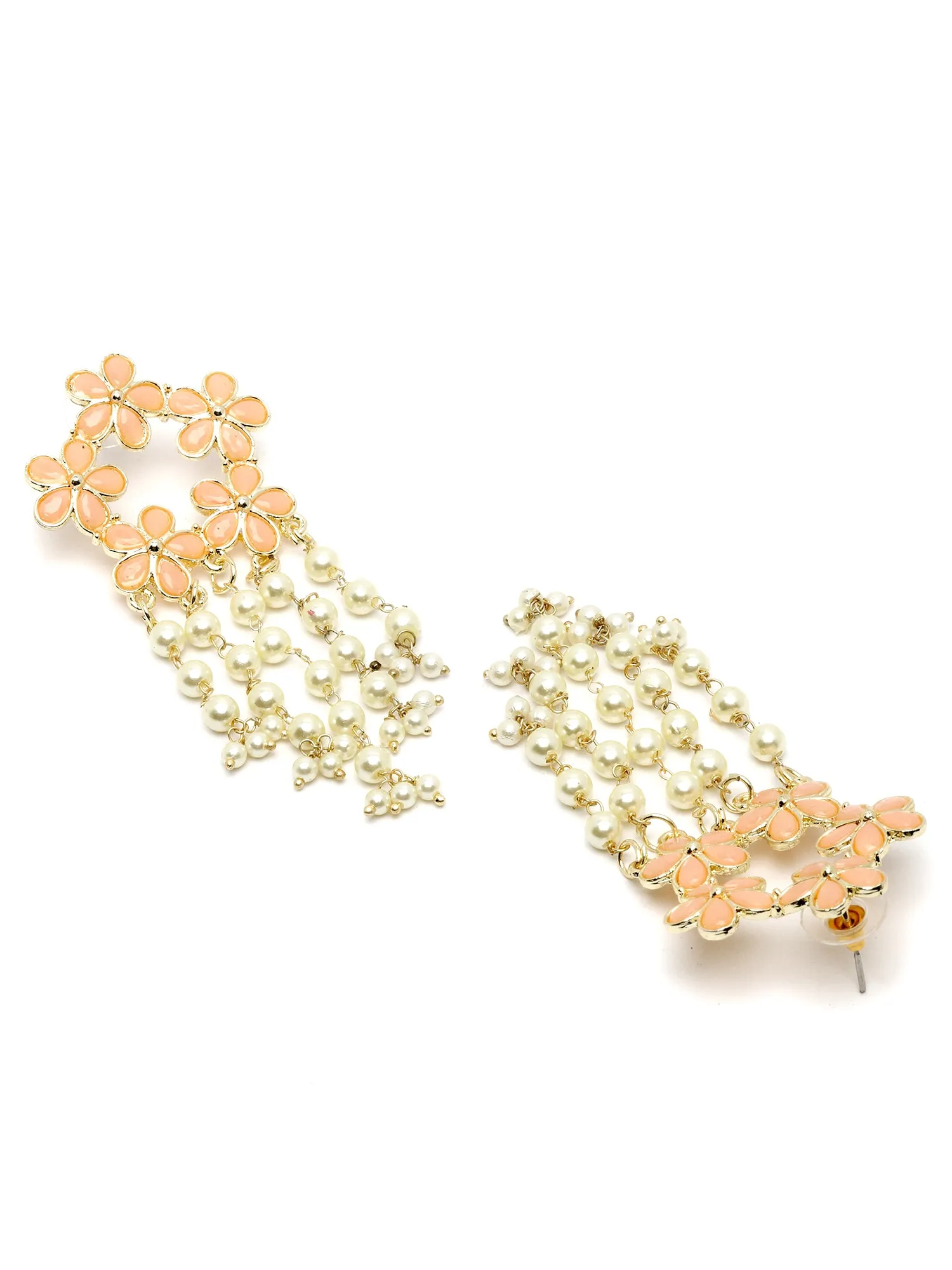 Karatcart Gold Plated Floral Design Peach Kundan Pearl Tassel Earrings for Women