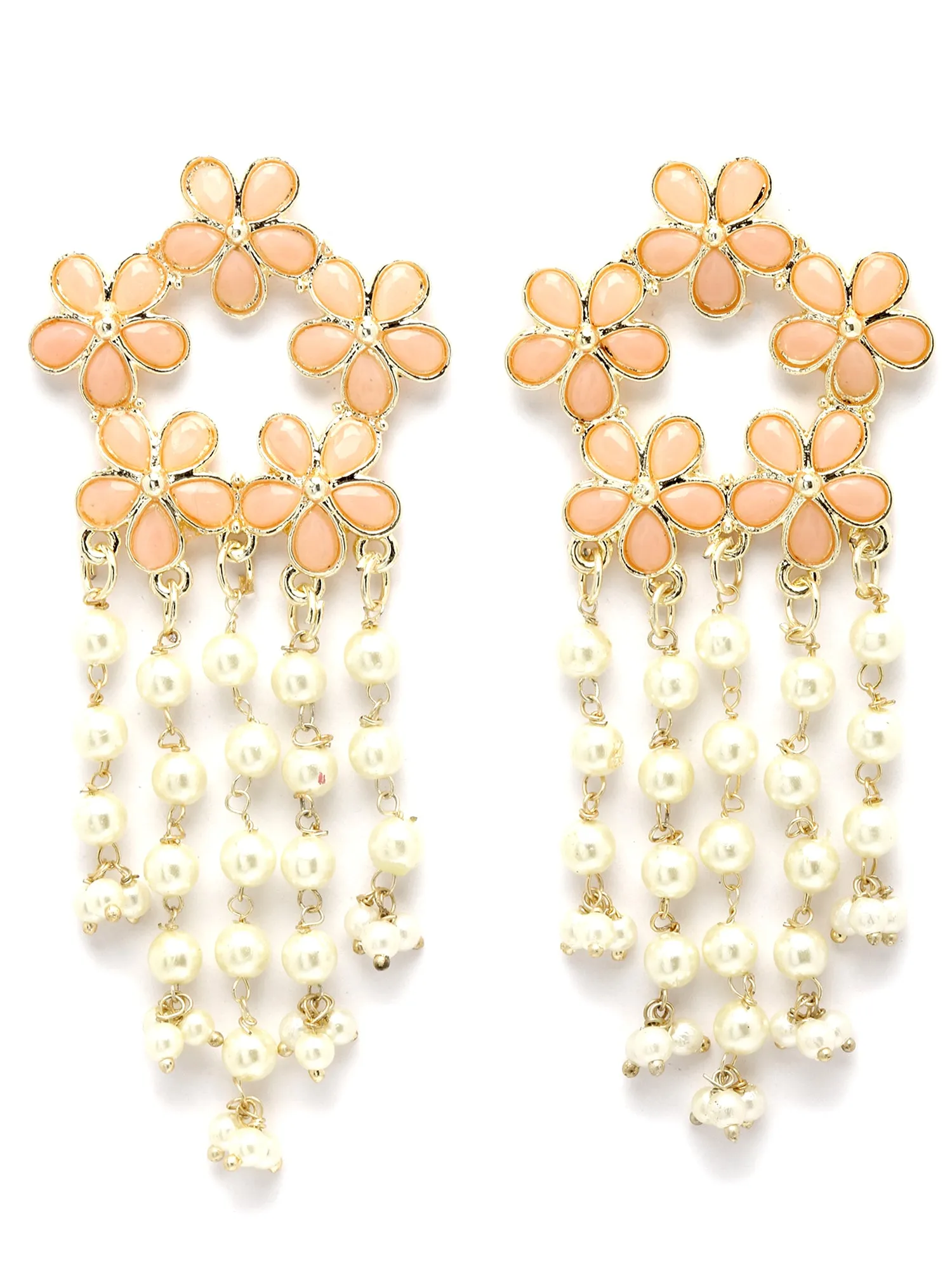 Karatcart Gold Plated Floral Design Peach Kundan Pearl Tassel Earrings for Women