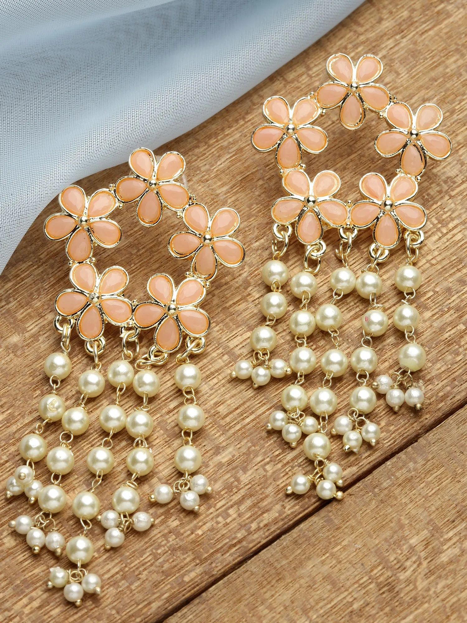 Karatcart Gold Plated Floral Design Peach Kundan Pearl Tassel Earrings for Women