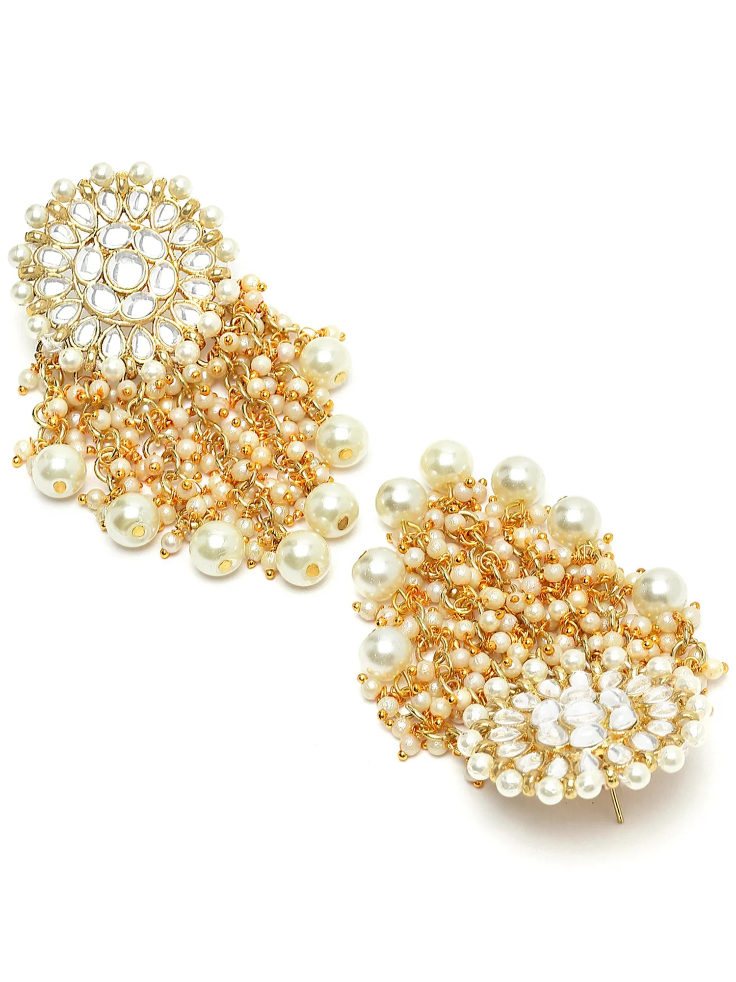 Karatcart Gold Plated Floral Design Pearl and Kundan Drop Earring for Women