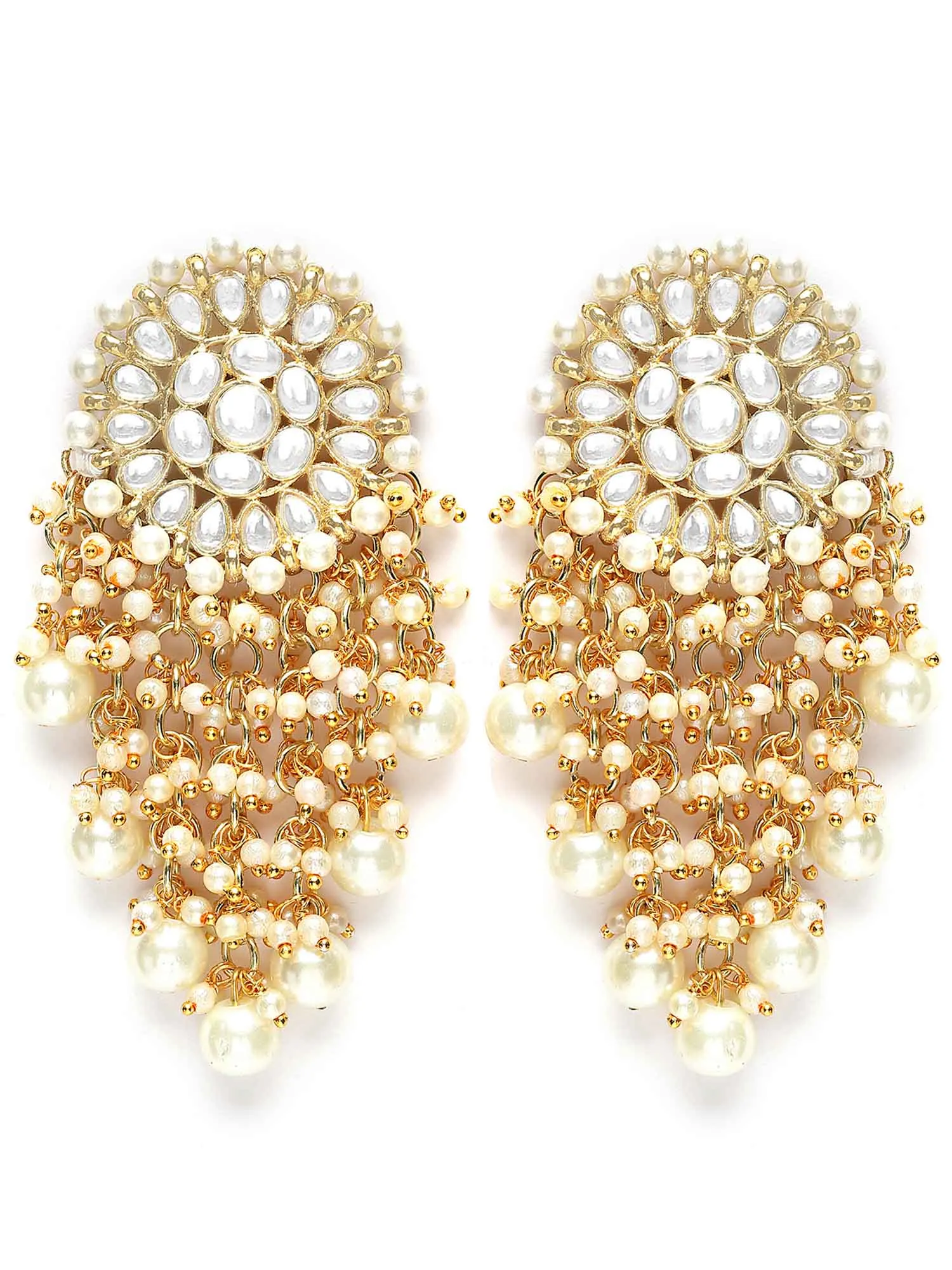 Karatcart Gold Plated Floral Design Pearl and Kundan Drop Earring for Women