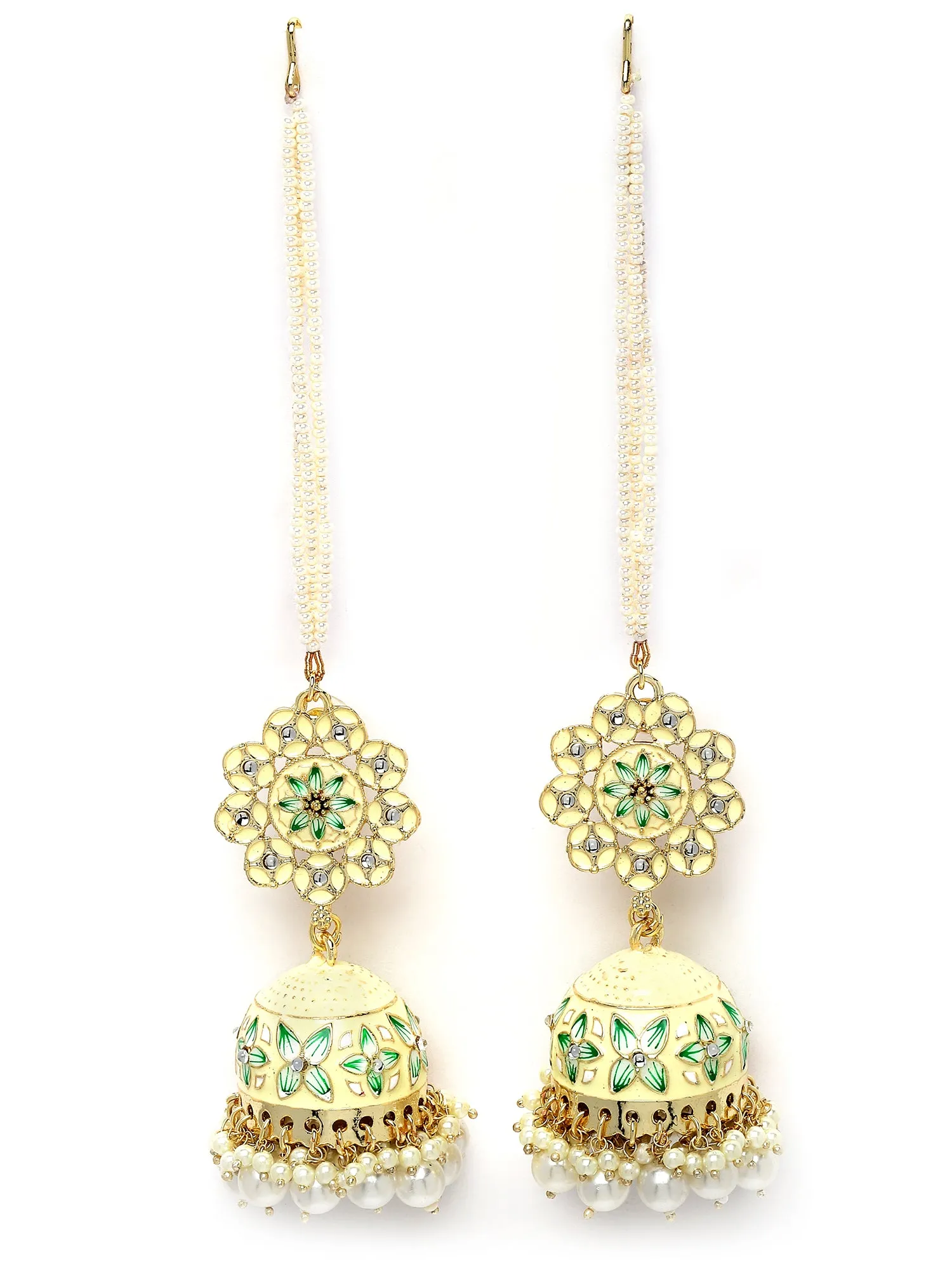 Karatcart Gold Plated Floral Design Pearl Studded Yellow Meena Kaanchain Jhumki Earrings for Women