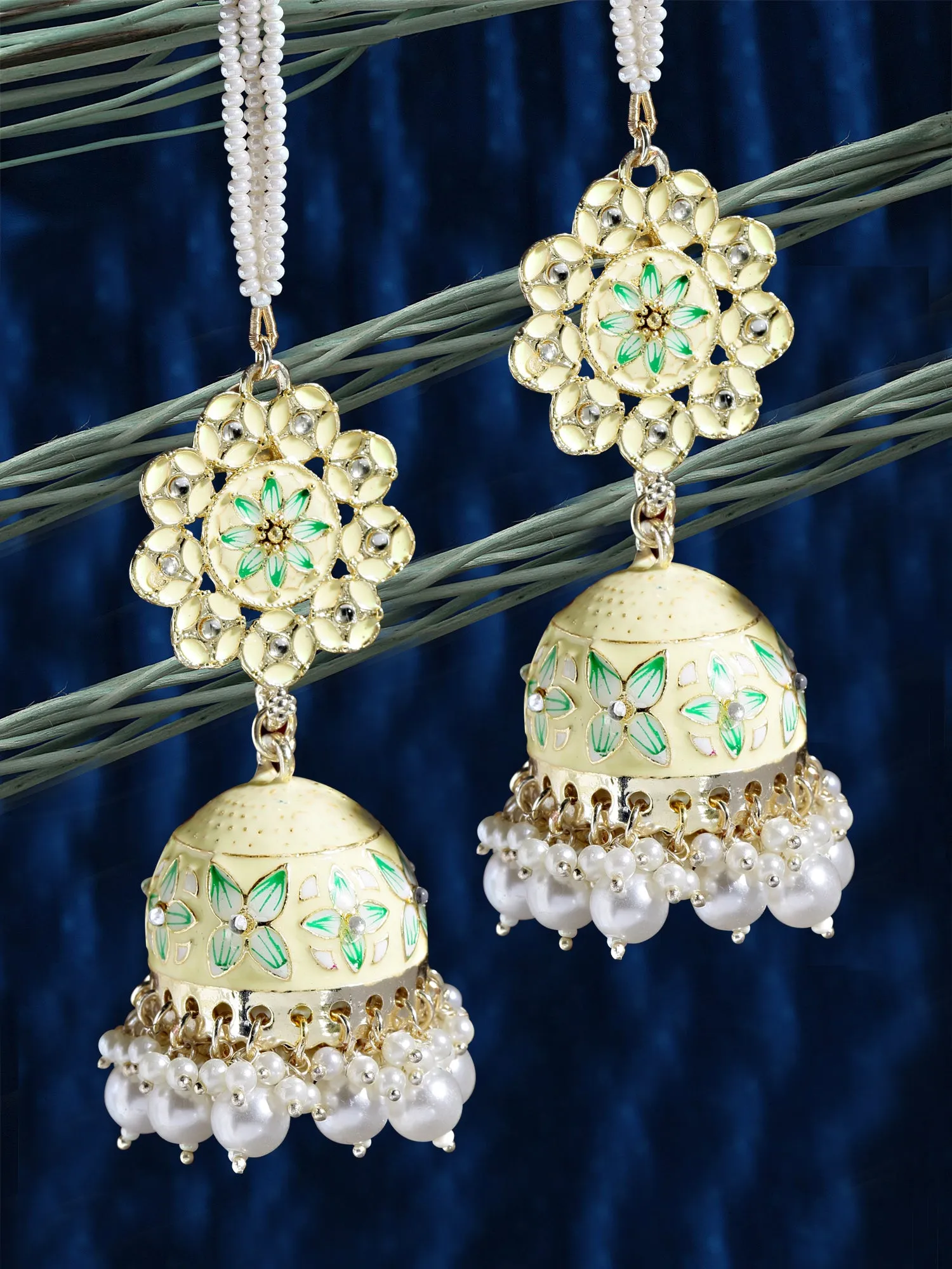 Karatcart Gold Plated Floral Design Pearl Studded Yellow Meena Kaanchain Jhumki Earrings for Women
