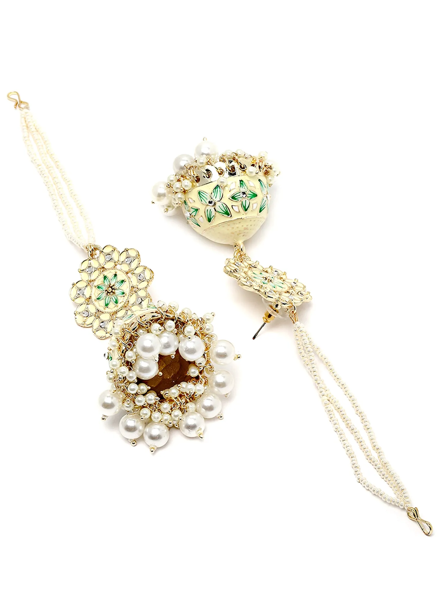 Karatcart Gold Plated Floral Design Pearl Studded Yellow Meena Kaanchain Jhumki Earrings for Women