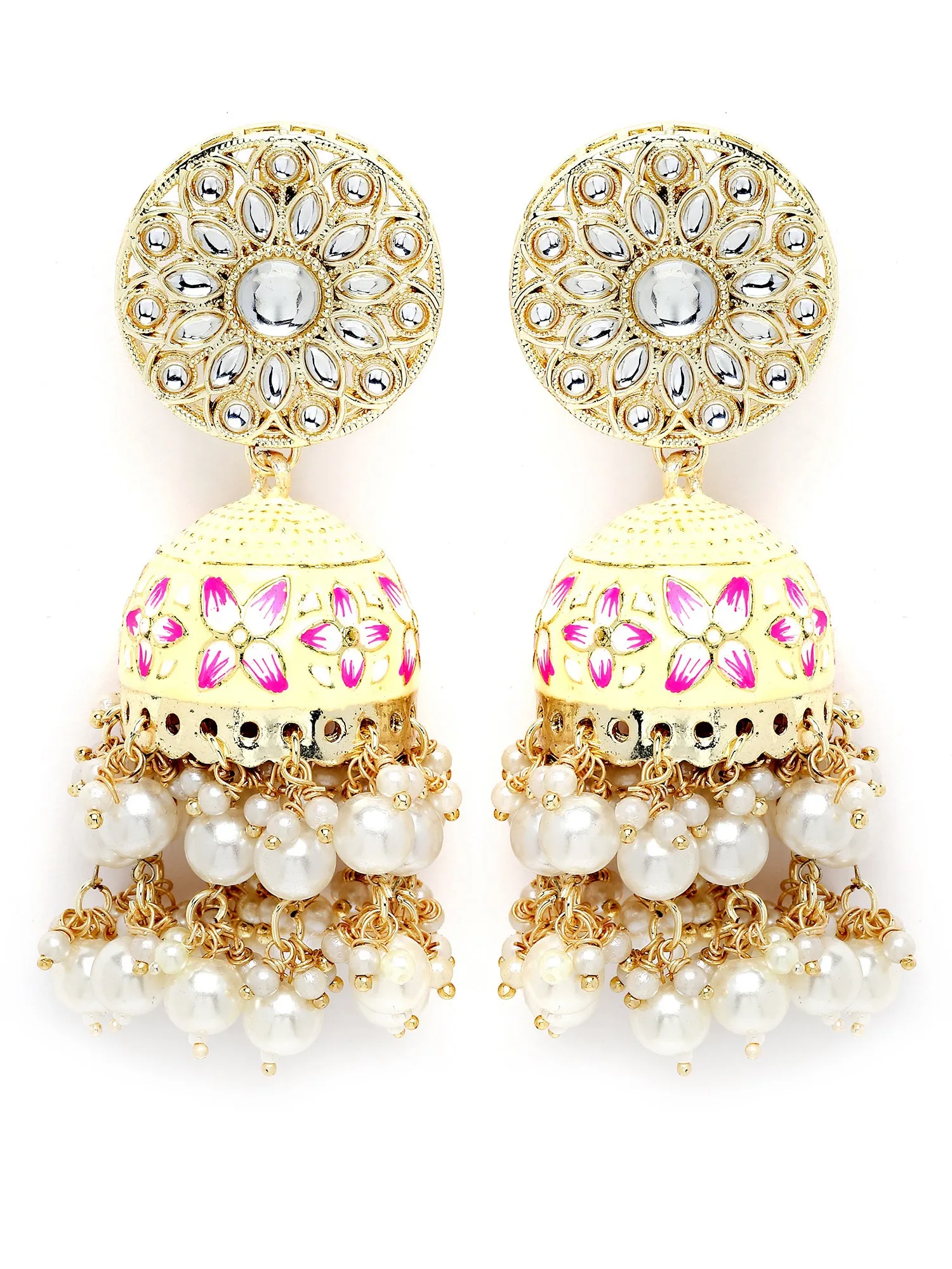 Karatcart Gold Plated Floral Design Pearl Studded Yellow Meena Kundan Jhumki Earrings for Women