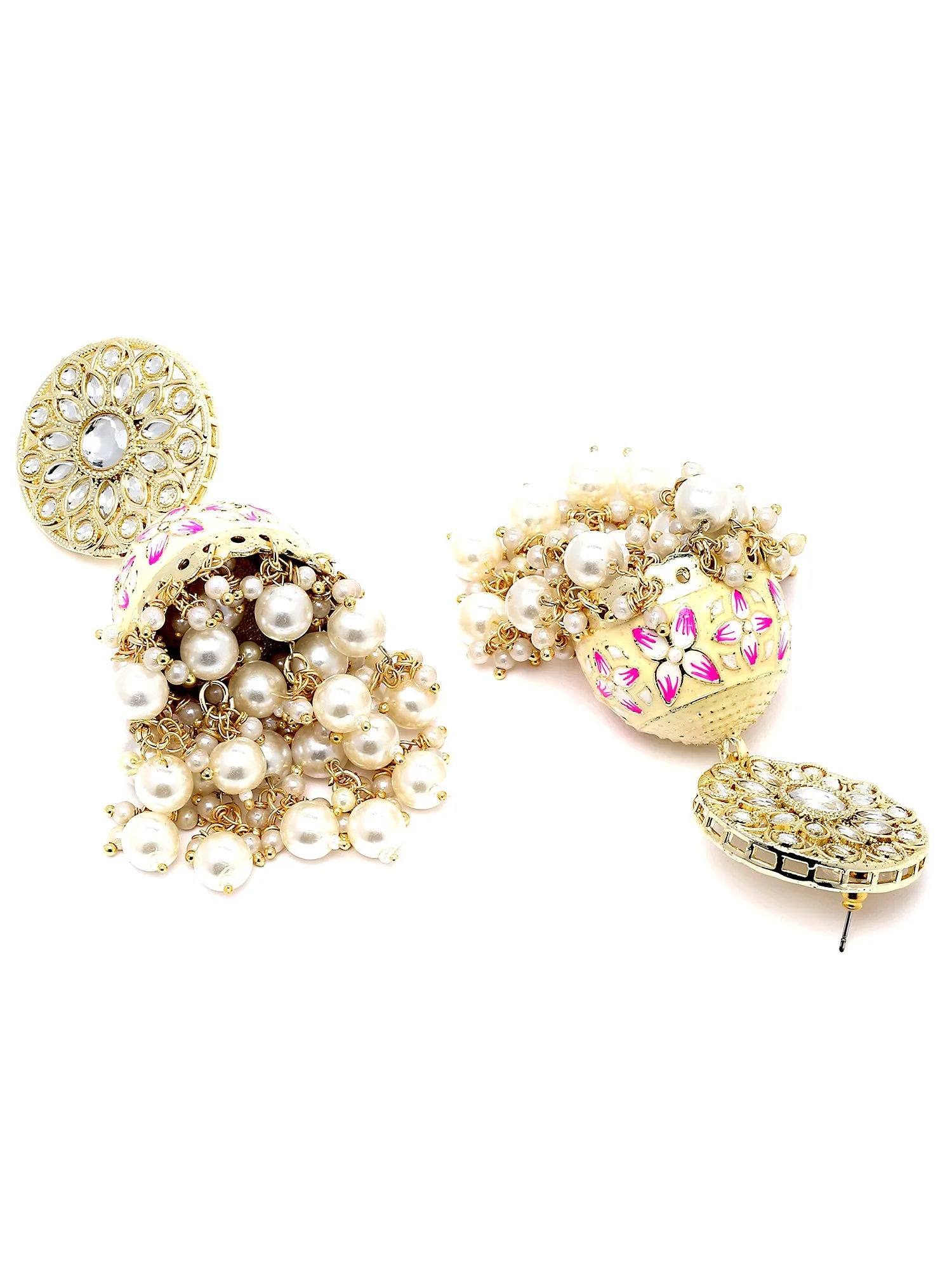 Karatcart Gold Plated Floral Design Pearl Studded Yellow Meena Kundan Jhumki Earrings for Women