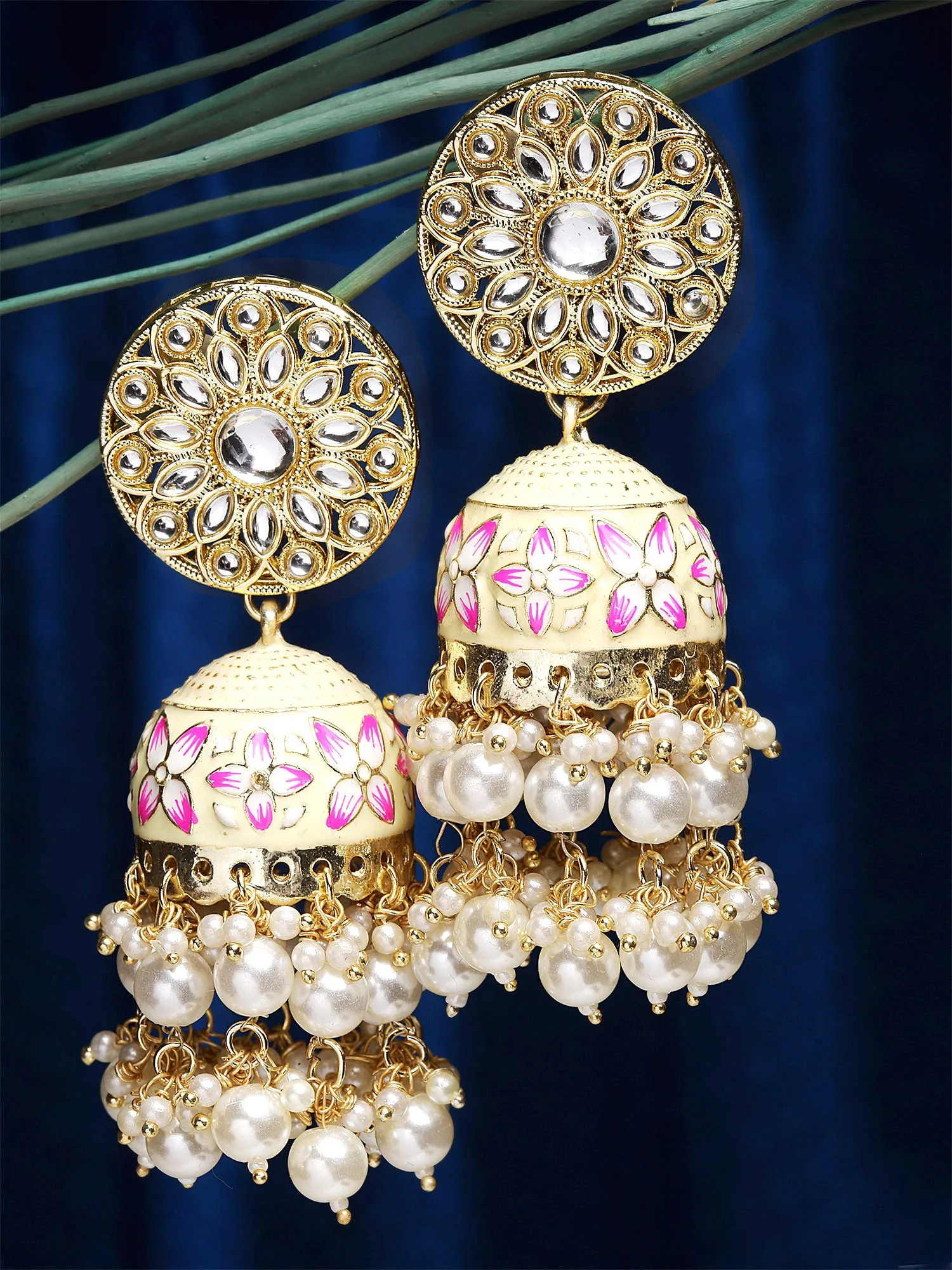 Karatcart Gold Plated Floral Design Pearl Studded Yellow Meena Kundan Jhumki Earrings for Women