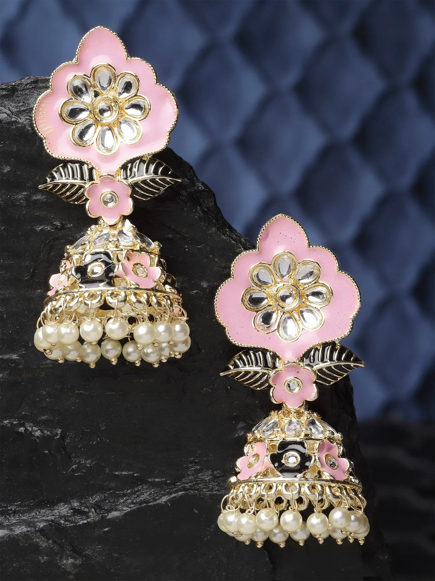 Karatcart Gold Plated Floral Design Pink and Black Meena Kundan Jhumki Earrings for Women