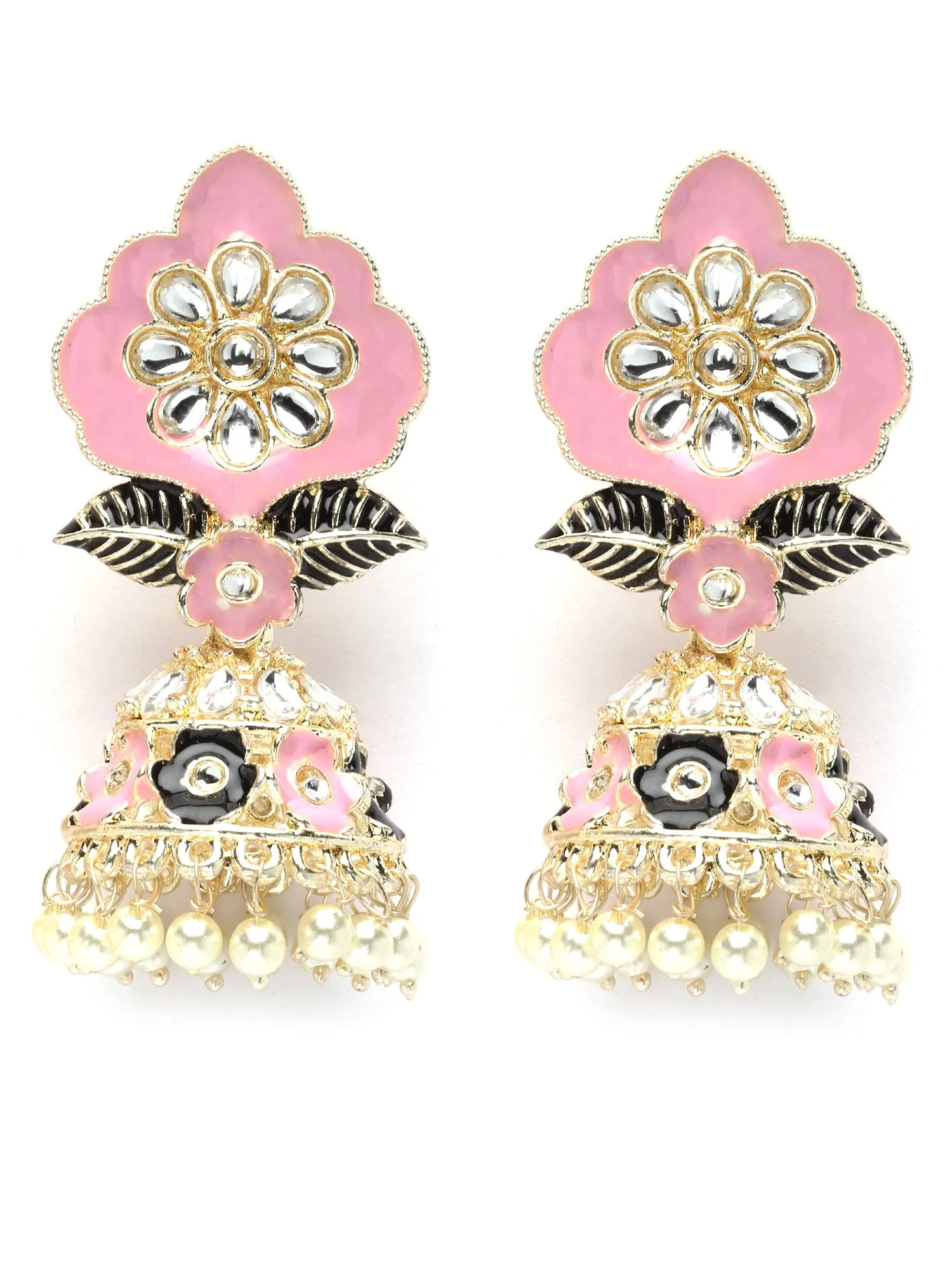 Karatcart Gold Plated Floral Design Pink and Black Meena Kundan Jhumki Earrings for Women