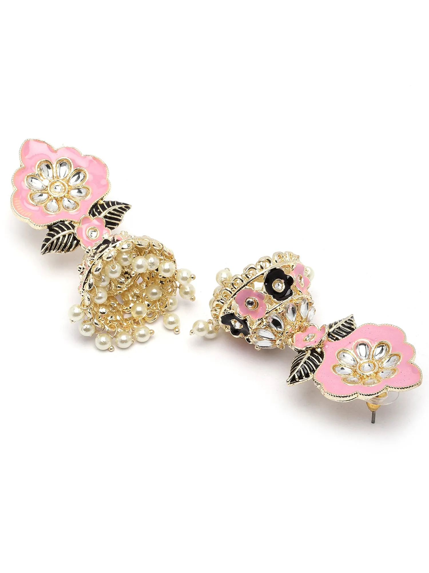 Karatcart Gold Plated Floral Design Pink and Black Meena Kundan Jhumki Earrings for Women