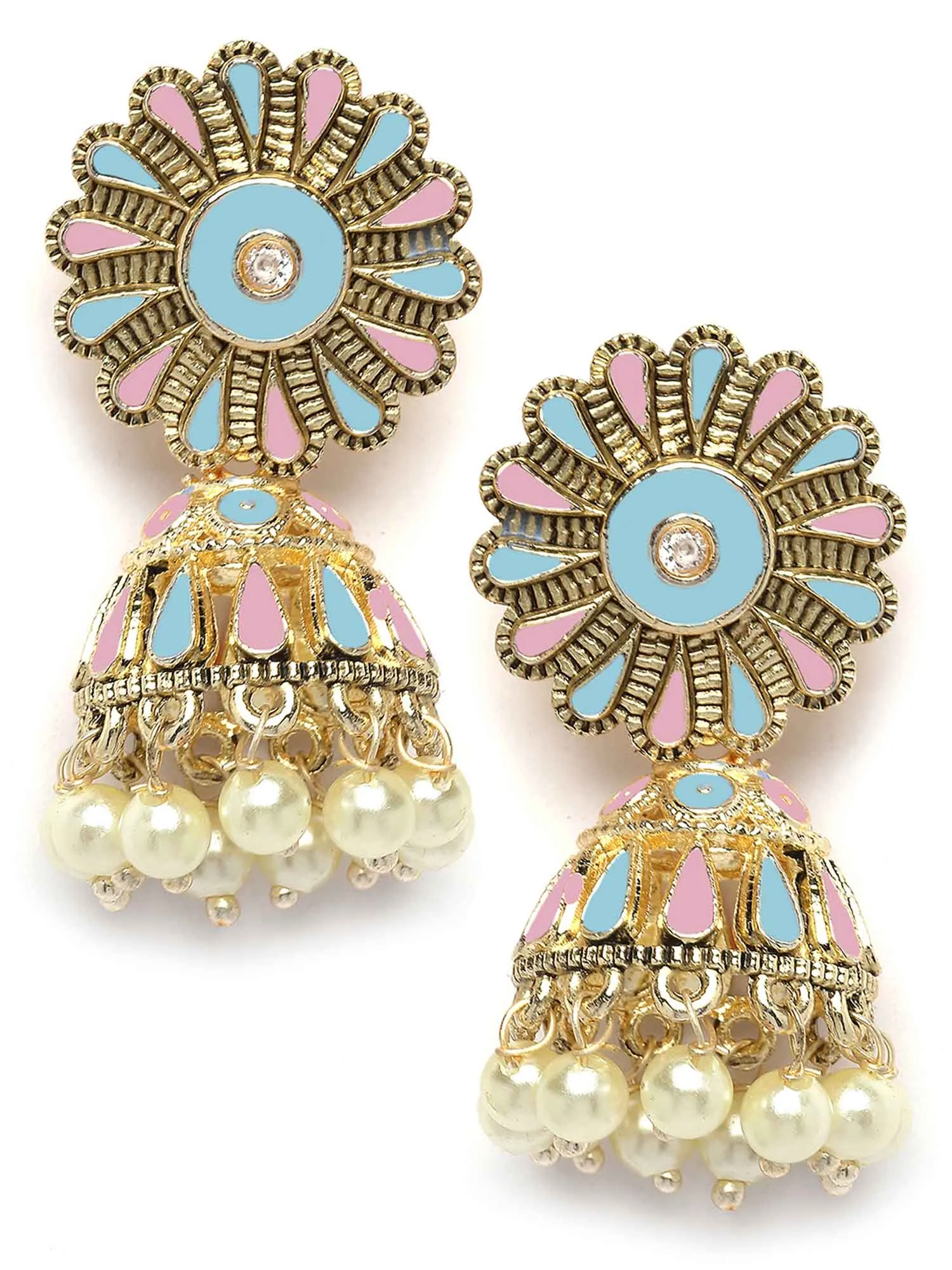 Karatcart Gold Plated Floral Design Pink and Light Blue Meena Jhumki Earrings for Women