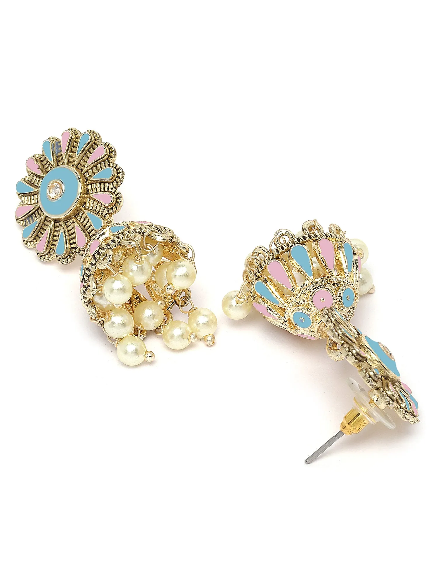 Karatcart Gold Plated Floral Design Pink and Light Blue Meena Jhumki Earrings for Women