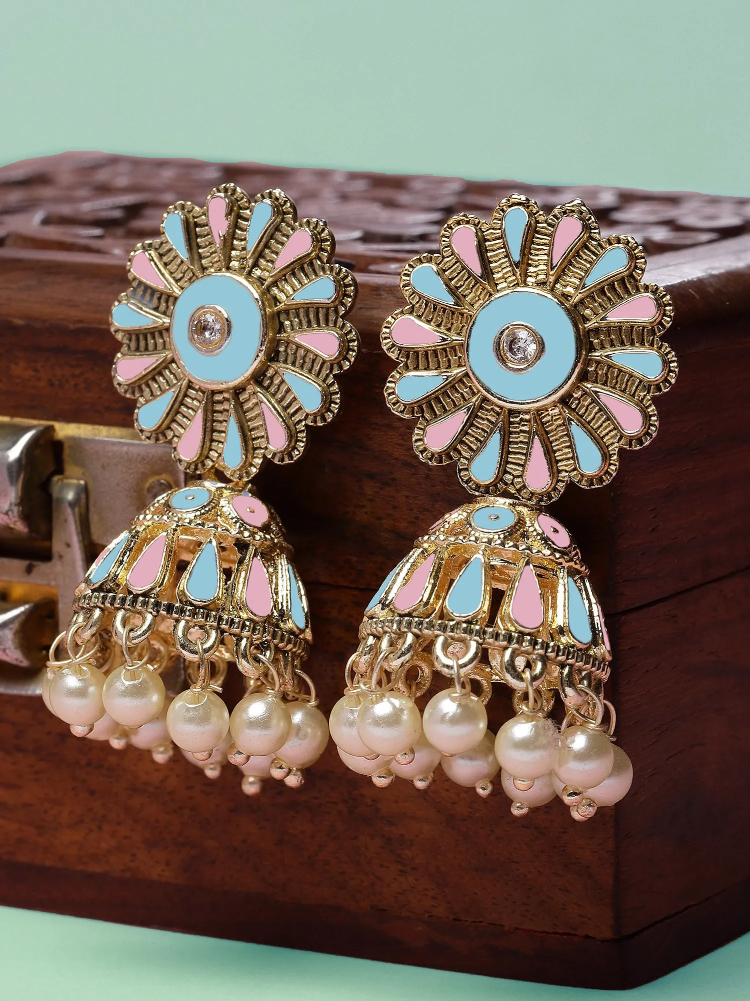 Karatcart Gold Plated Floral Design Pink and Light Blue Meena Jhumki Earrings for Women