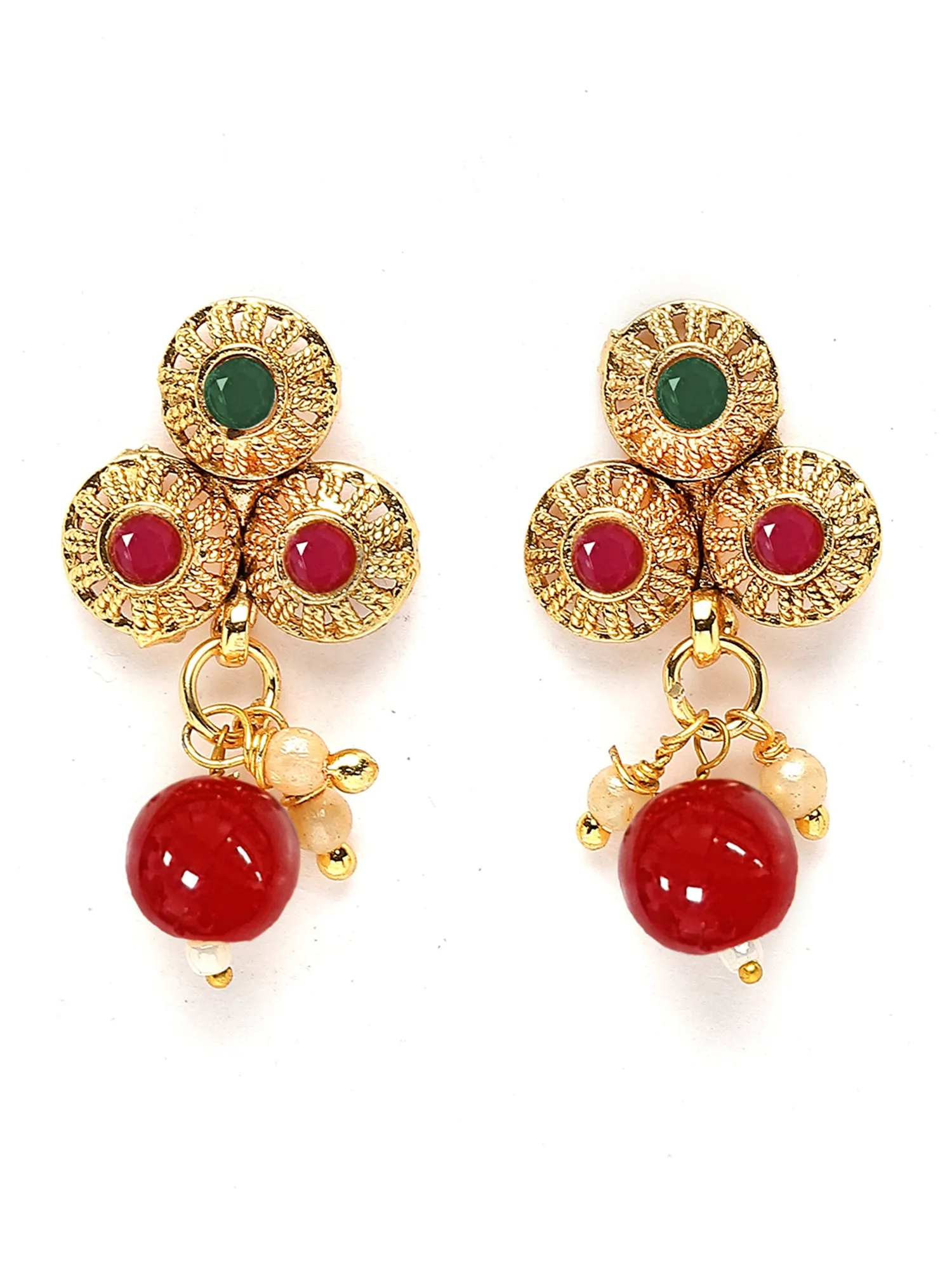 Karatcart Gold Plated Floral Design Red and Green Kundan Necklace Set for Women